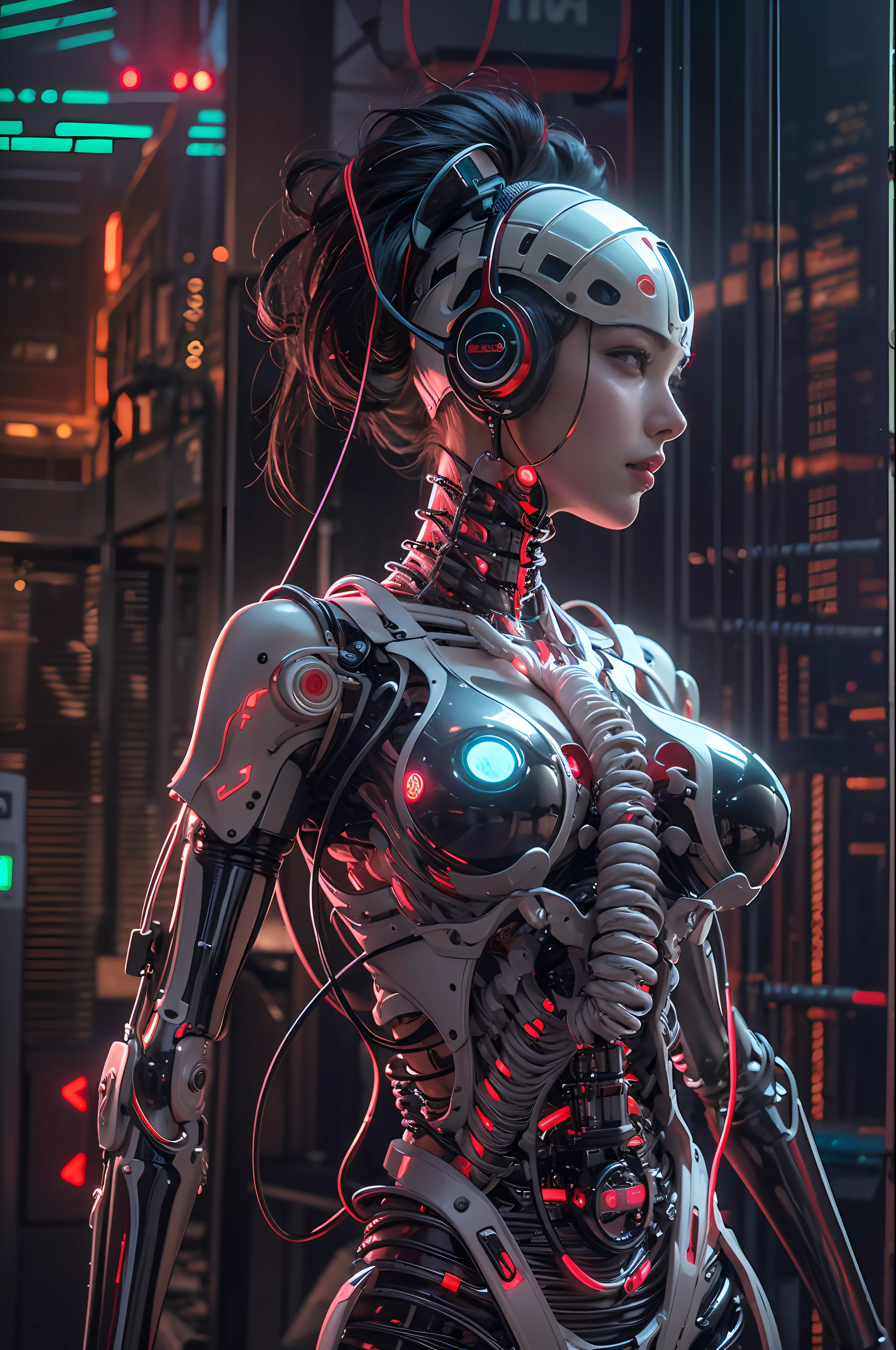 1 mechanical girl, batle alita angel | | |, ((super realistic details)), portrait, global illumination, shadows, octane rendering, 8k, super sharp, metal, complex, ornamental detailed, cool colors, egyptian details, highly complex details, realistic light, CGsociety trends, bright eyes, facing camera, Neon details, mechanical limbs, blood vessels attached to tubes, mechanical vertebrae attached to the back, mechanical cervical vertebrae attached to the neck, Full body, purple wires and cables attached to the head, (heel socks), (red blood), (black and white armor), (transparent bone), provocative sexy posture, bikini white, red