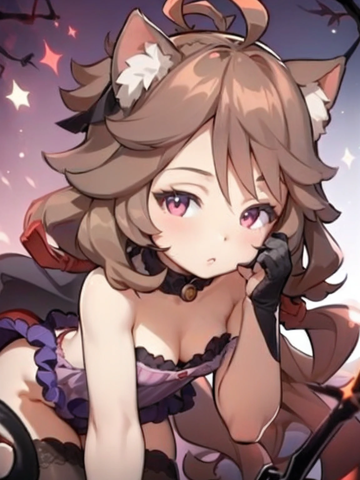 1girll, Solo, (full bodyesbian:1.5), (tchibi:1.5), Depth of field, Simple background,Cat ears,dress,pink green hair,fiercely adorable expressions