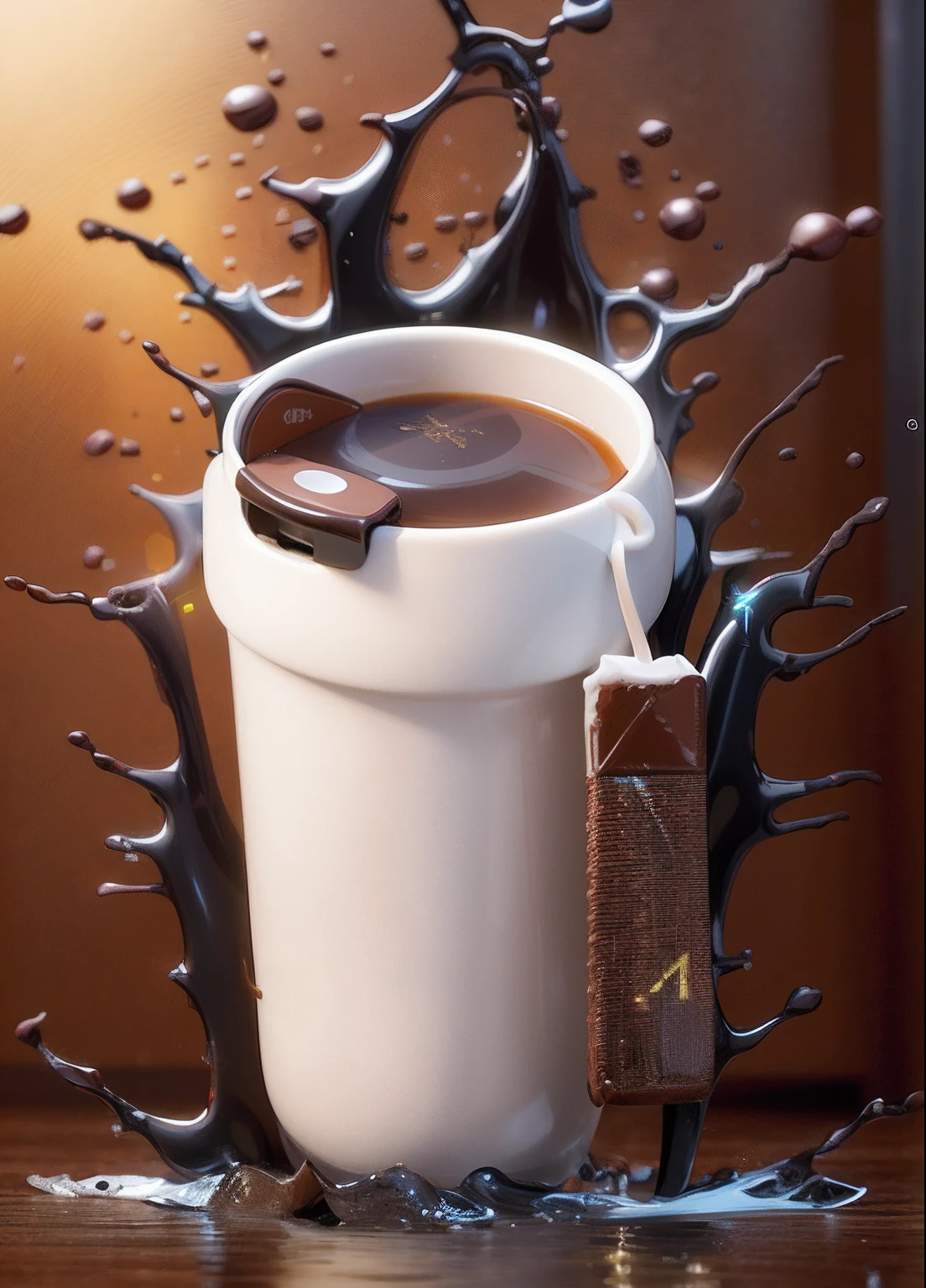 There was a cup of coffee，There are chocolate bars inside, Official product image, product design shot, sleek waterproof design, designed in blender, product design render, 3 d product render, Product photo, blender, Official product photo, Product rendering, product introduction photos, sleek cool waterproof design, bottom angles, 3d product，Cinematic lighting effects，Divine sense top light，photorealisti，Hyper-realistic rendering，hd render，C4D，Brown background