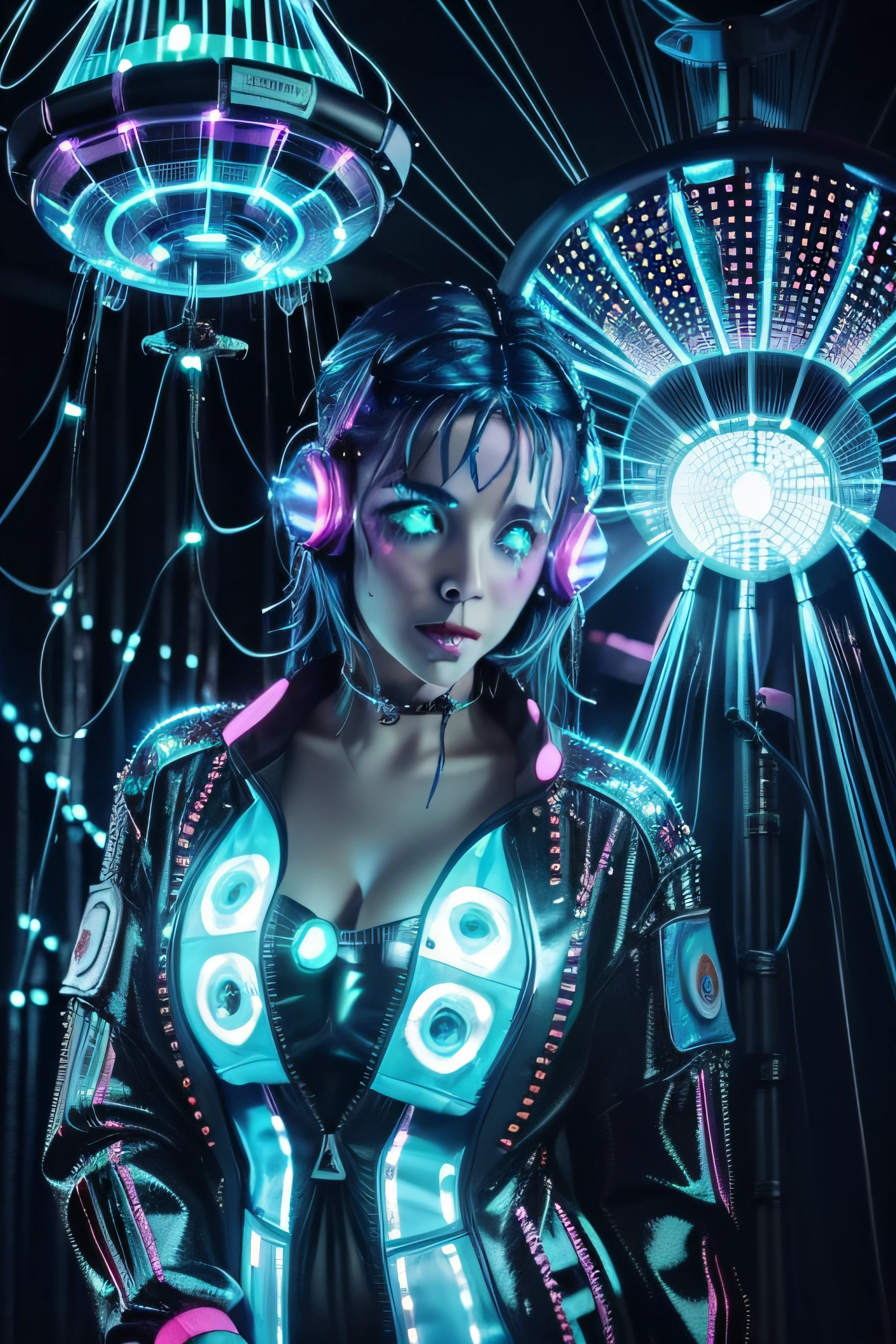 disco, (disco ball:1), (Adult Spanish woman:1.6), holding wires, looking to camera, (polyvinyl Jacket With Rivets:1.3), (rave fashion:1.6), (blue hair:1.4), (open zipper:1.3), (erotic:1.3), (sexy:1.3), (glowing disco lights:1.8), (dangling sprinkler wires:1.7), best quality, sunlight, detailed face, gorgeous, realistic skin details, high quality, seen from below, translucent, (voluptuous:.5), sensual, lascivious, dominant, (sexual:1.3), sexy, romantic, high quality, film grain, Cinematic Light, sidelighting, stars background, sharp focus, overexposed light