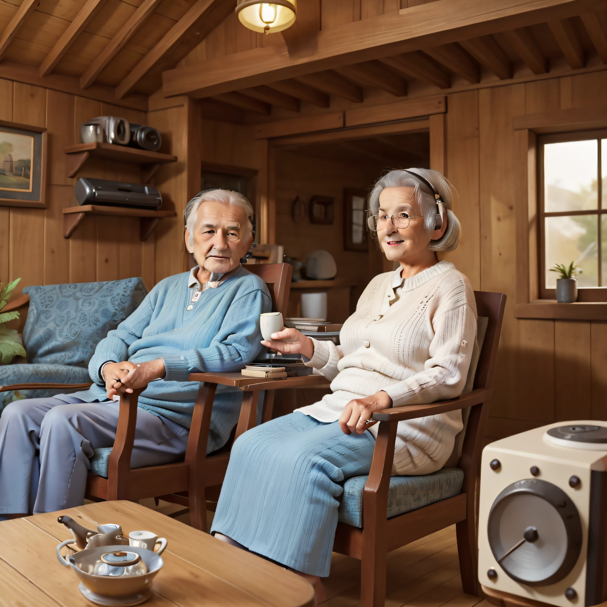 Elderly couple sitting in armchairs in a cozy cottage listening to their big old radio, Radio, muitos detalhes, Elderly couple listening to the radio, alta qualidade, ele olha para ela, olhar apaixonado