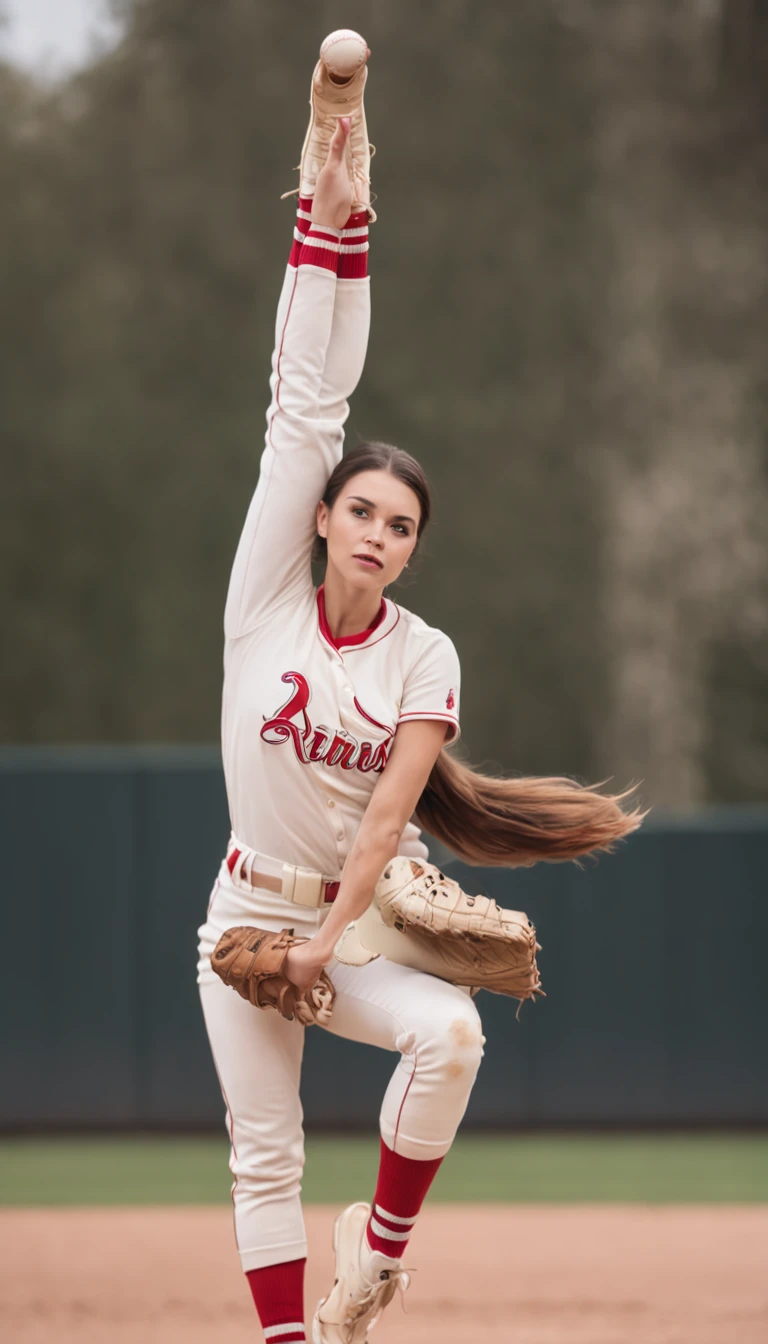 A female baseball player throwing a ball (she is in ballerina pose with her leg raised high and her foot pointing up, foot at head height)