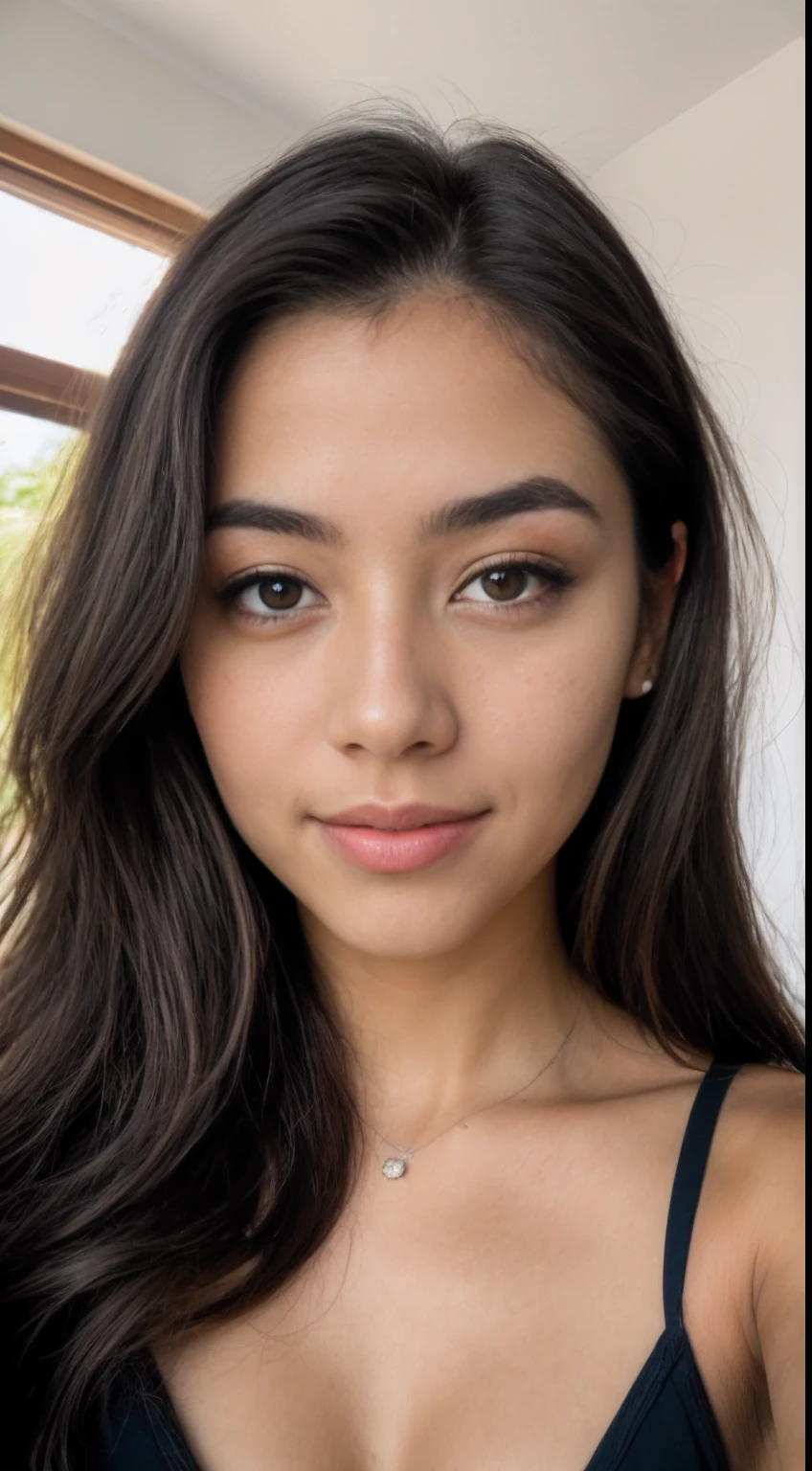 Foto RAW em sequencia, uma foto de uma adolescente 16anos, ((selfie da parte superior do corpo)), rosto detalhado, planos de fundo detalhados pouco desfocados, luzes naturais, HDR, foto realista, foto profissional, flerte com o espectador, visual sexy, fotorrealista, Linda, pele natural, 8k UHD, alta qualidade, filmic grain, Fujifilm XT3