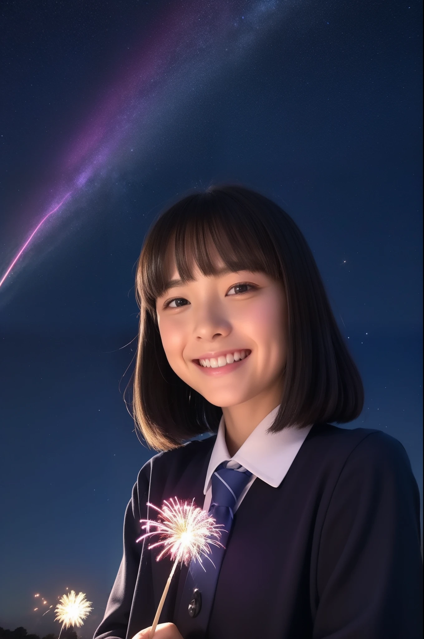 A smile、hi-school girl、校服、While doing fireworks、starrysky、Aurora