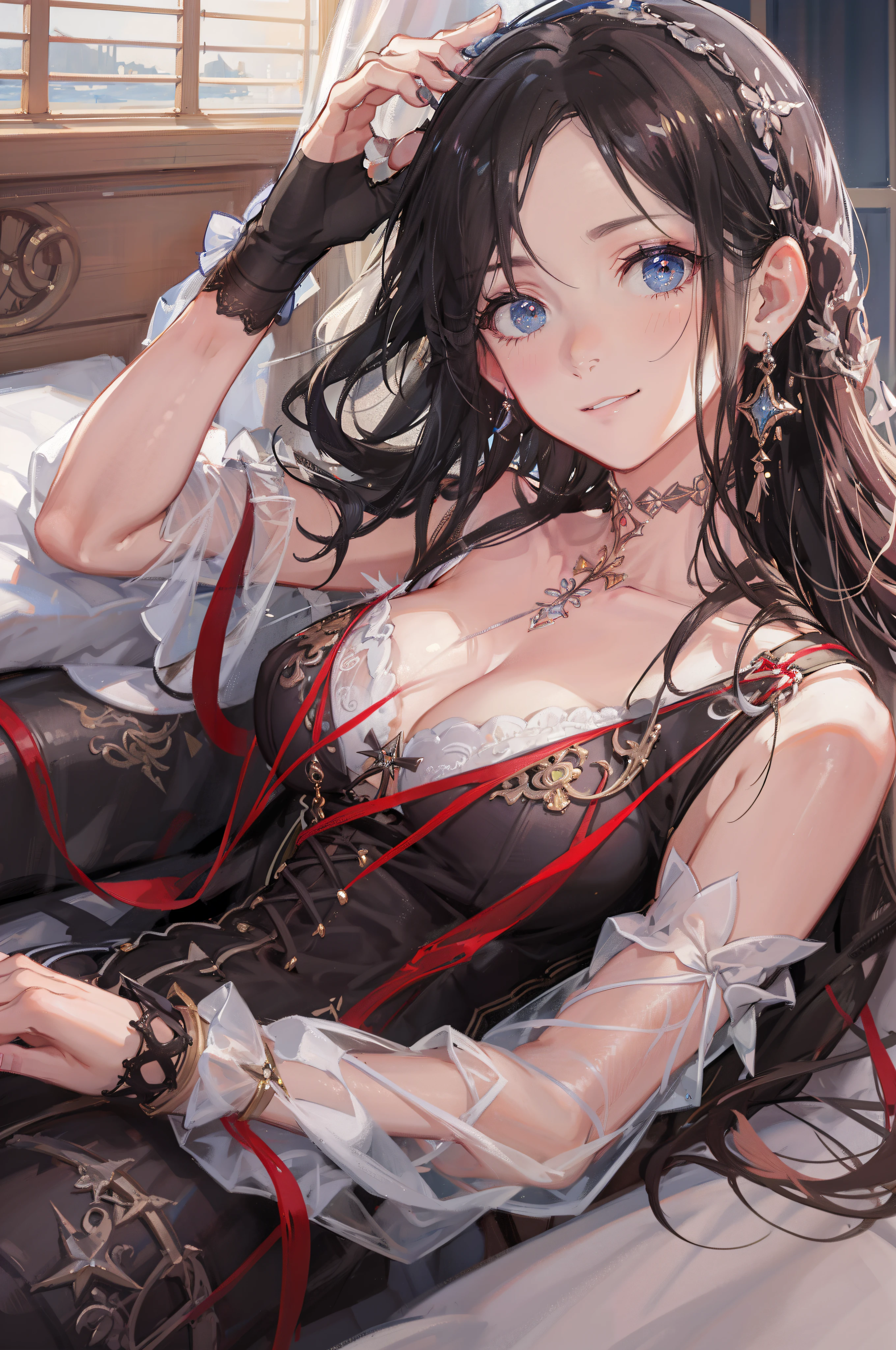 ((Sexy and beautiful woman lying on the bed and looking up)), the cutest 20-year-old beauty, charming smile, ((seaside resort)), ((very long hair)), ((skimp high resort fashion)), ((rich bust)), gradient eyes, seductive makeup, show lighting, single perspective, canon, nffsw, retina, masterpiece, accurate, anatomically correct, texture Doskin, Super Detail, High Detail, High Quality, Award Winning, Highest Quality, High Definition, 1080p, Hard Disk, 4K, 8K, 16K