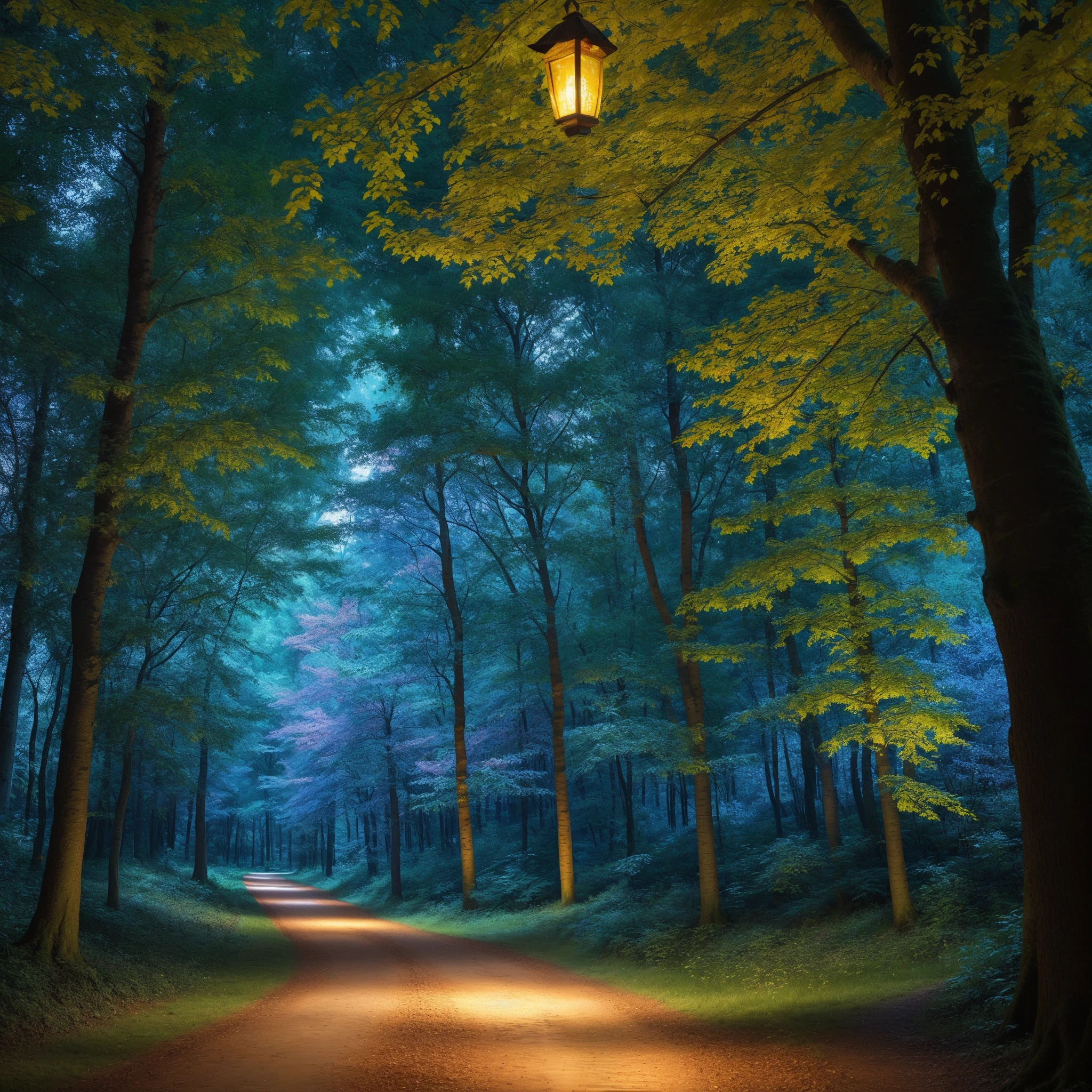 Ultra HD 8K, super-detailed, beautiful lighting, , A photo of the Enchanted Forest,Colorful lanterns light up the path through the forest