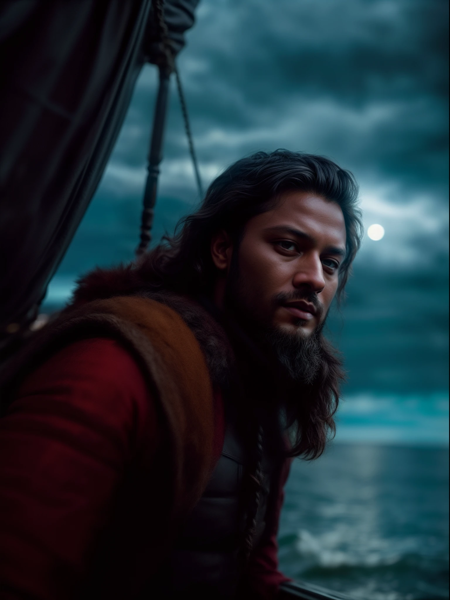 Realistic 16k image of Shakib al hasan as Ragnar Lothbrok (with black hair) onboard a viking longship, ((low angle hero shot)), (Upper body closeup), show Shakib as Ragnar navigating treacherous waters, Shakib al hasan as Ragnar is navigating his crew, show Shakib al hasan commanding the ship crew, this scene will be dark and scary, highlighting Shakib al hasan sailing on treacherous waters, dark tones with moonlit seas, dark and intimidating atmosphere like Viking series colour tone, ((sharp focus on portrait)), (balanced composition), high quality and realistic image, cinematic style, ((Best quality, 8k, Masterpiece), rough face, detailed skin, masterpiece, professional photography, (high detail:1 1), natural skin, (detailed face and eyes), (face: 1 2), noise, real photo, film photography, high resolution, 8k, realistic, 8k UHD, SLR camera, high quality, film grain, (Fujifilm X-T20, Fujifilm Fujinon XF 50mm f/2 R WR lens, Lens focal Length 50mm, Shutter speed 1/300 sec, APERTURE: 2, ISO: 80), volumetric lighting, dark background, dark fantasy, highly detailed, sharp focus, shallow depth of field, bokeh, blurry background, high contrast, contrast lighting, (dim colours), exposure blend, (dusty:1.3)