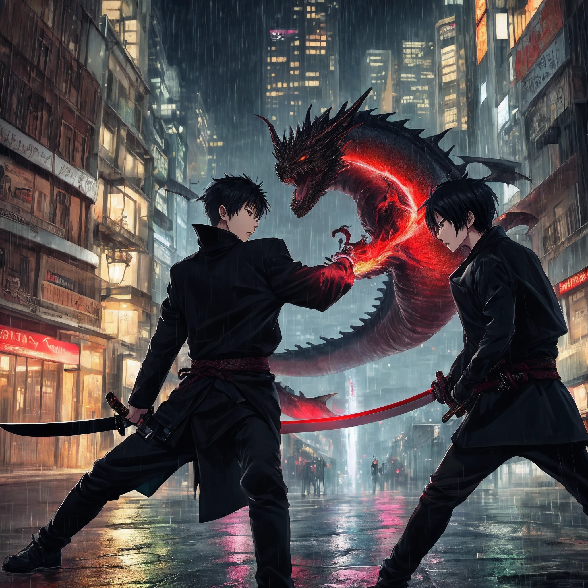 anime boy, Black clothes, black coat, with a katana, fighting a red dragon, urban background, night, rain