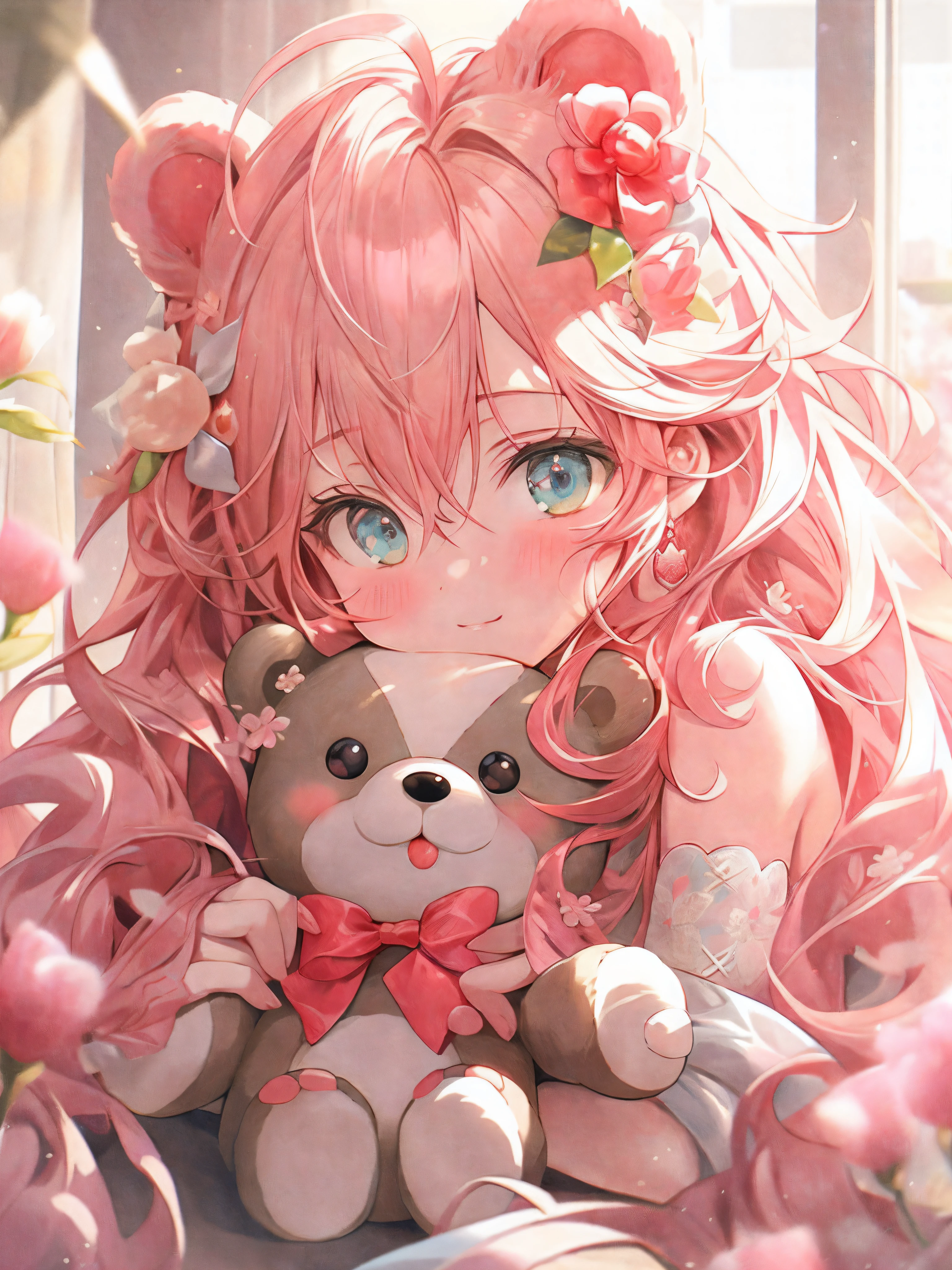 Anime girl holding teddy bear with pink hair and blue eyes, Cute anime girl, Soft anime illustration, cute anime girl portraits, Cute anime, Cute anime girl portrait, Guweiz in Pixiv ArtStation, trending on artstation pixiv, Anime art wallpaper 4 K, Anime art wallpaper 4k, Detailed digital anime art, Cute detailed digital art