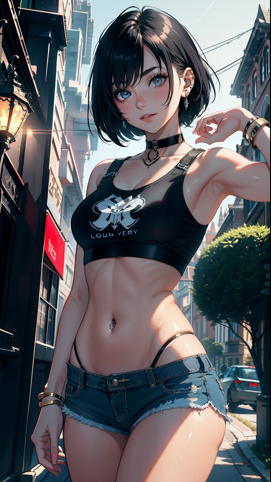 masterpiece, top-quality, Detailed details, Detailed landscapes, beatiful lights, Beautiful Shadows, 1girl in, 23years old,Black eyes,Mischievous smile, eye liner,Short hair,bangle,a choker,piercings,hotpants,(Ultra-low rise),TShirt, Navel Ejection,detailed skin textures, Tyndall effect