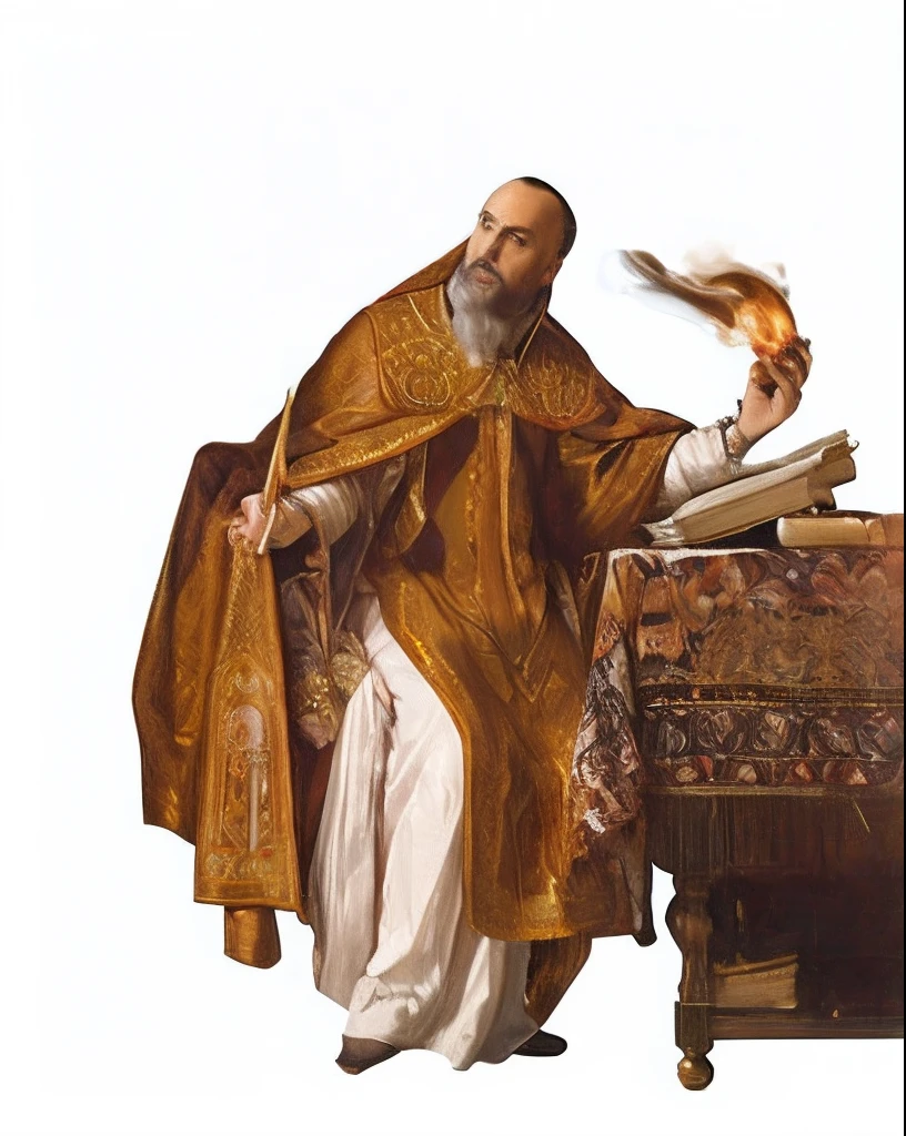 Image of a man in priest's robes holding a burning heart, Directed by: Giovanni Bernardino Asoleni, Directed by: Antonio de la Gandara, Directed by: Cristofano Allori, Directed by: Antonio Cavallucci, Directed by: Jacopo Bassano, estudioso renascentista vestido, Directed by: Giambattista Pittoni, Directed by: Juan Gimenez, Directed by: Paolo Veronese, 4k, dslr, photorealismo, retrato realista, altos detalhes.