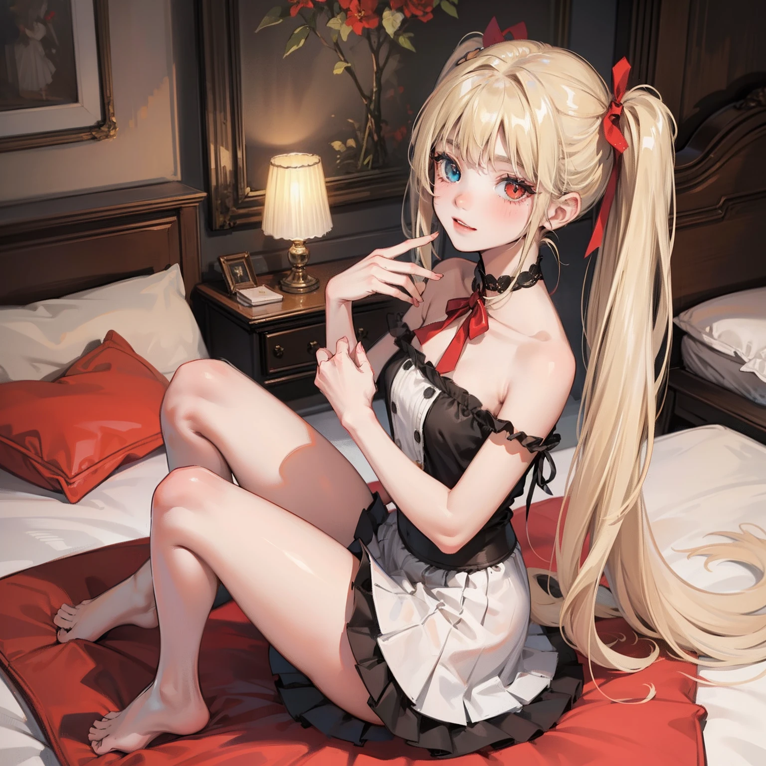 masterpiece,best quality,ultra detailed,
,very short pleated miniskirt,flat chest,twintails,heterochromia,fucked silly,on_back,long hair,parted bangs,hair pulled back,hair intakes,blonde hair,delicate beautiful face,seductive smile,bare shoulder,barefoot,red_ribbon,
cowgirl position,on the bed