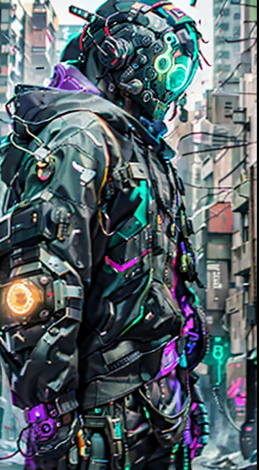 A realistic DSLR photo of a cowboy mecha, wearing a black and green suit with a backpack. The suit is a mix of Cyberpunk asymmetrical Streetwear and oversized Cyberpunk style. The character is in a dangerous, ghetto-like street environment. He is a futuristic cyberpunk soldier or mercenary, with advanced technology including robotic arms and a cyber helmet with a HUD display. The clothing is all black and baggy, with the hood of the hoodie over the cyber helmet. The scene is lit with cinematic lighting and has a futuristic, intimidating feel. The image is rendered in Octane, at 4k resolution, with Maya and Substance used in the creation process.