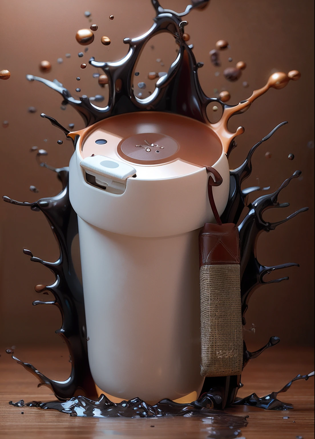 There was a cup of coffee,There are chocolate bars inside, Official product image, product design shot, sleek waterproof design, designed in blender, product design render, 3 d product render, Product photo, blender, Official product photo, Product rendering, product introduction photos, sleek cool waterproof design, bottom angles, 3d product,Cinematic lighting effects,Divine sense top light,photorealisti,Hyper-realistic rendering,hd render,C4D,Brown background