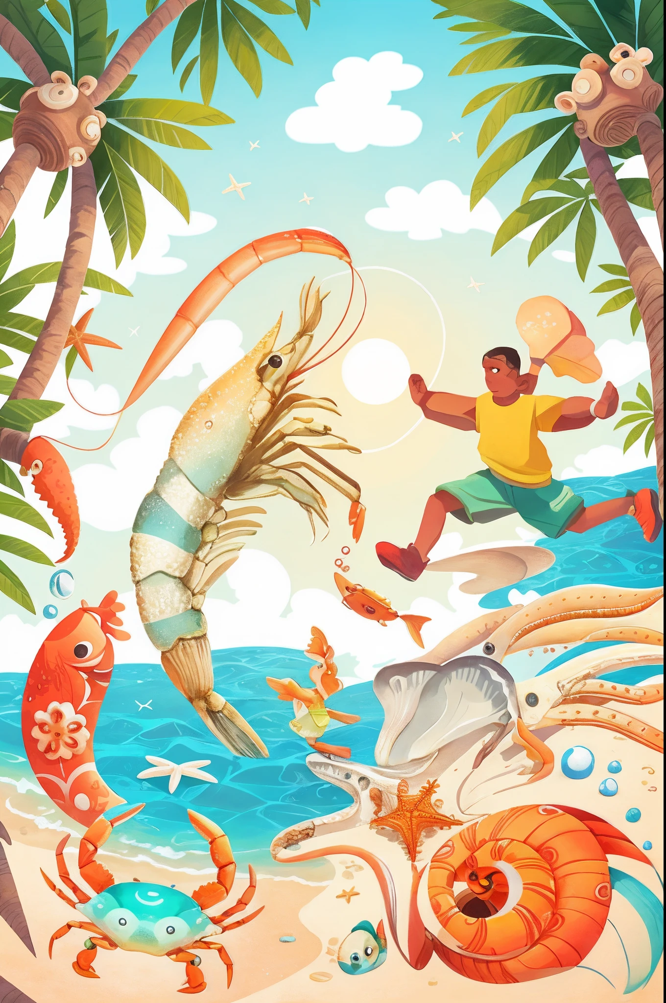 beachside,Young boys,Prawns,crabs,starfish,squid,conch,The fish,Illustration style,the detail