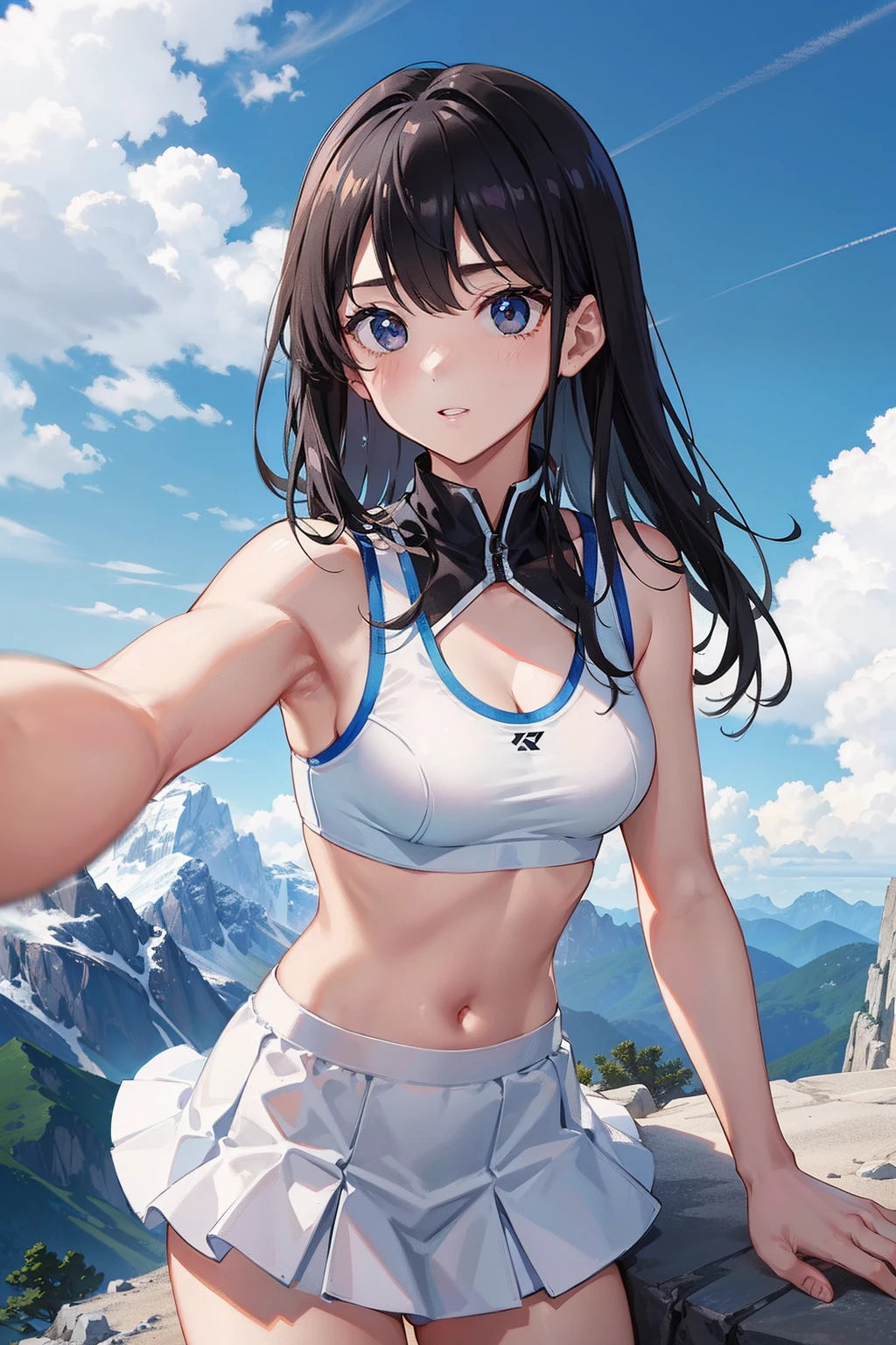 a pregirl,tmasterpiece,super high image quality,独奏,White sports bra,C cup,black micro skirt,At the summit,On top of the mountain,blue-sky,squatt,Taking a selfie with your phone,Side photo