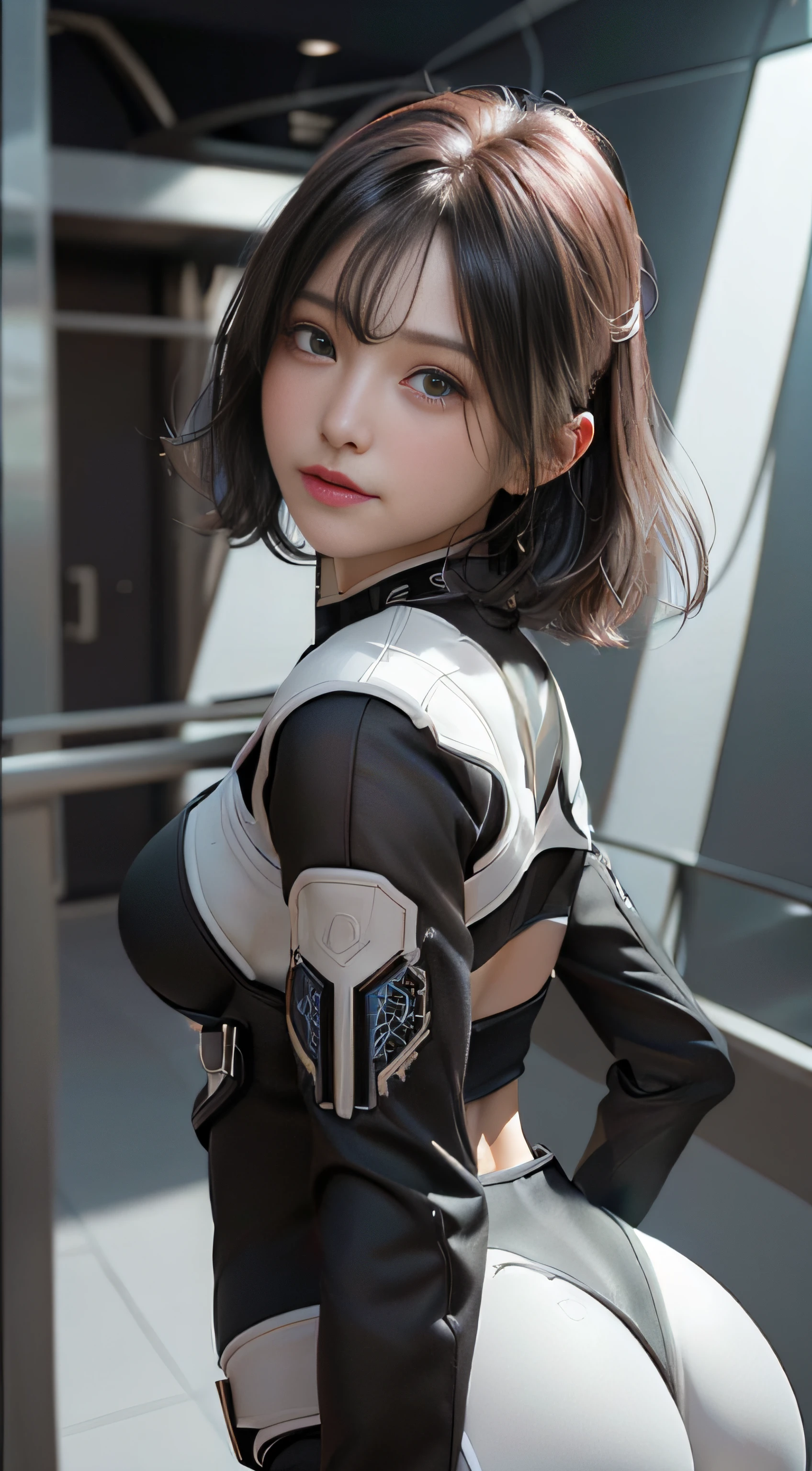 ((Best quality)), ((masterpiece)), (detailed:1.4), 3D, an image of a beautiful cyberpunk female,HDR (High Dynamic Range),Ray Tracing,NVIDIA RTX,Super-Resolution,Unreal 5,Subsurface scattering,PBR Texturing,Post-processing,Anisotropic Filtering,Depth-of-field,Maximum clarity and sharpness,Multi-layered textures,Albedo and Specular maps,Surface shading,Accurate simulation of light-material interaction,Perfect proportions,Octane Render,Two-tone lighting,Wide aperture,Low ISO,White balance,Rule of thirds,8K RAW,Bend over and stick your ass out and show it、thigh closeup, bottom body close up、full body、8K, (hyper realisitic:1.35), (Realistic:1.4), (Colossal tits:1.2))、((short-hair))、(perm-hair))、Turn around and show your ass、 standing on his back looking back, Show more ass, hands on butt、A smile、Legs open、bangss、A dark-haired、eye shadow、Crab crotch、 (Butt view), Perfect ass、waist - shot、Bend over and stick your ass out and show it、thigh closeup, bottom body close up、Woman showing off her butt underwear illuminated from behind 、Inside the spaceship、Futuristic Costumes