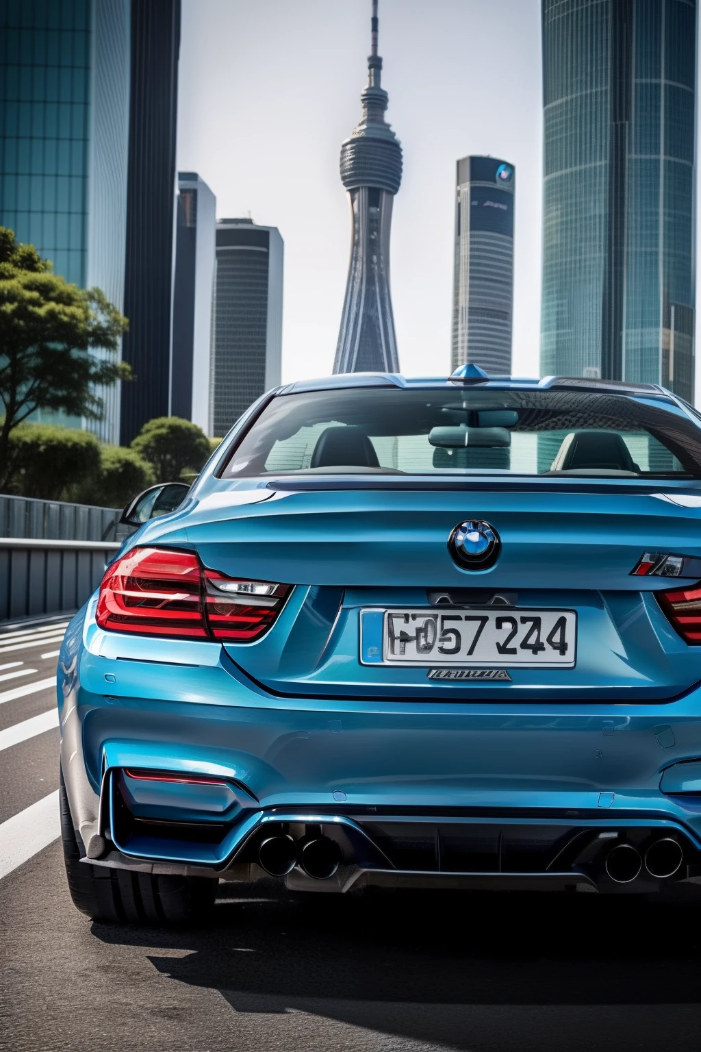 "Stunning light blue BMW M4 elegantly showcased amidst the vibrant cityscape of Tokyo." uhd