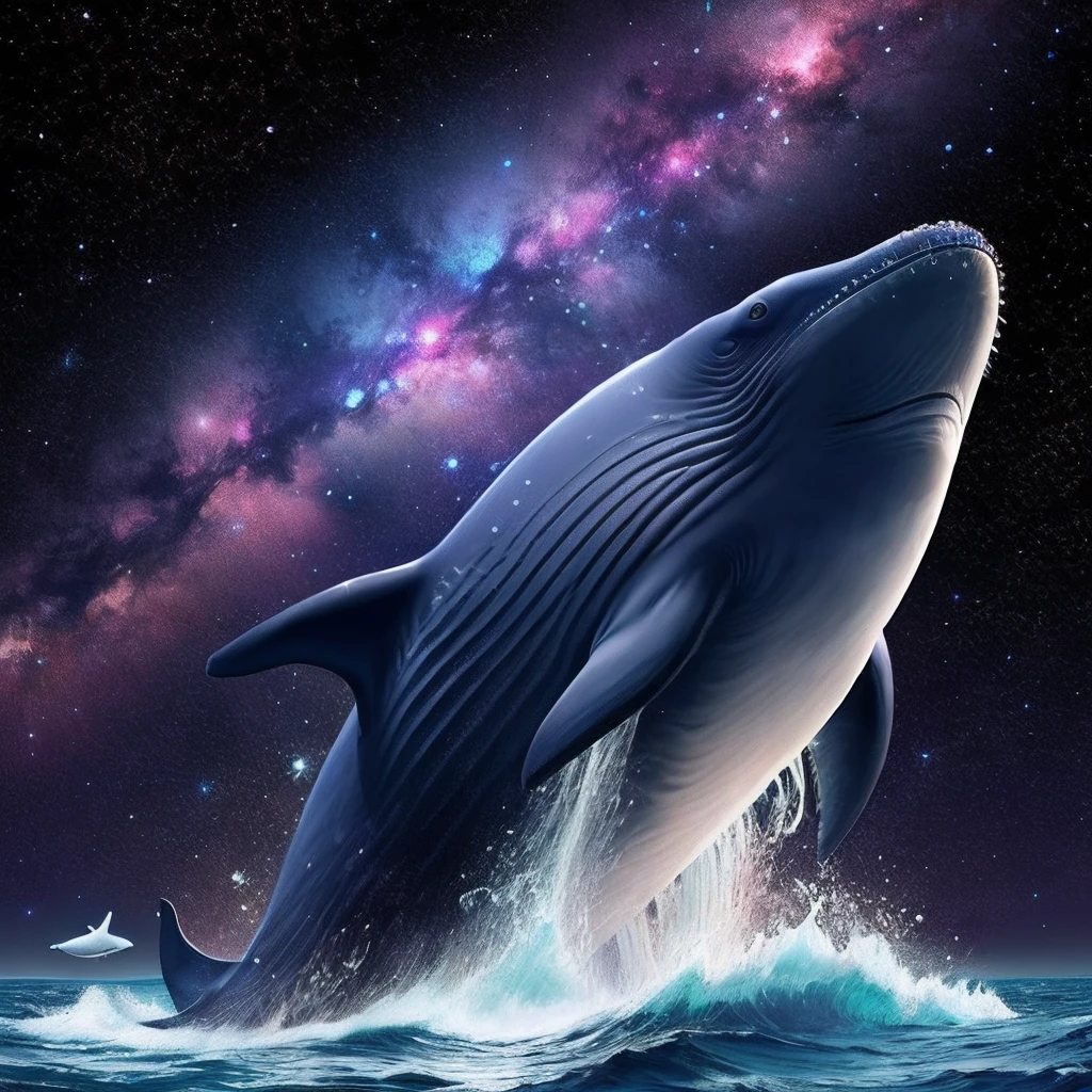 Galaxy background，Giant whales swim，The baby whale followed，The galaxy is brilliant