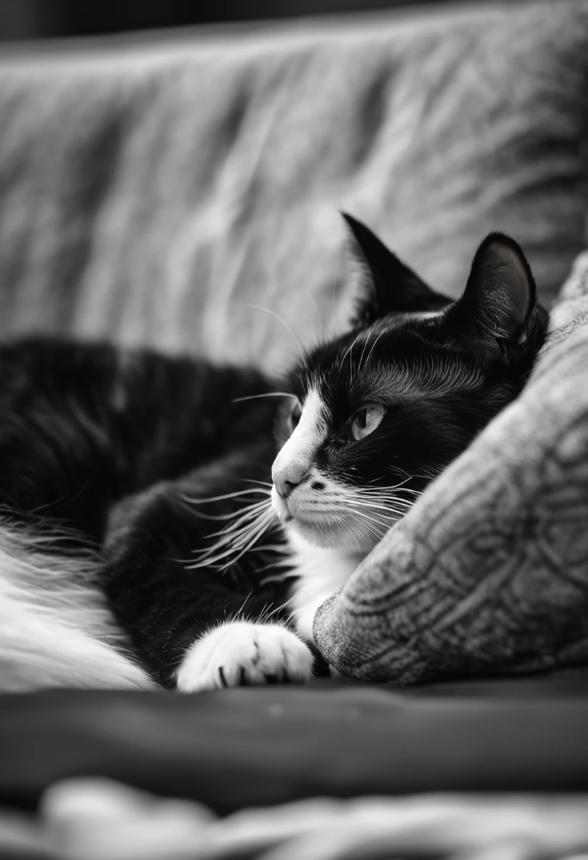 there is a black and white cat laying on a couch, he is very relaxed, black and white cat, taken with sony alpha 9, resting on a tough day, white with black spots, a handsome, very handsome, happy wise. he has bouncy belly, relaxing after a hard day, cute furry needs your help, monochrome black and white, photo of a cat