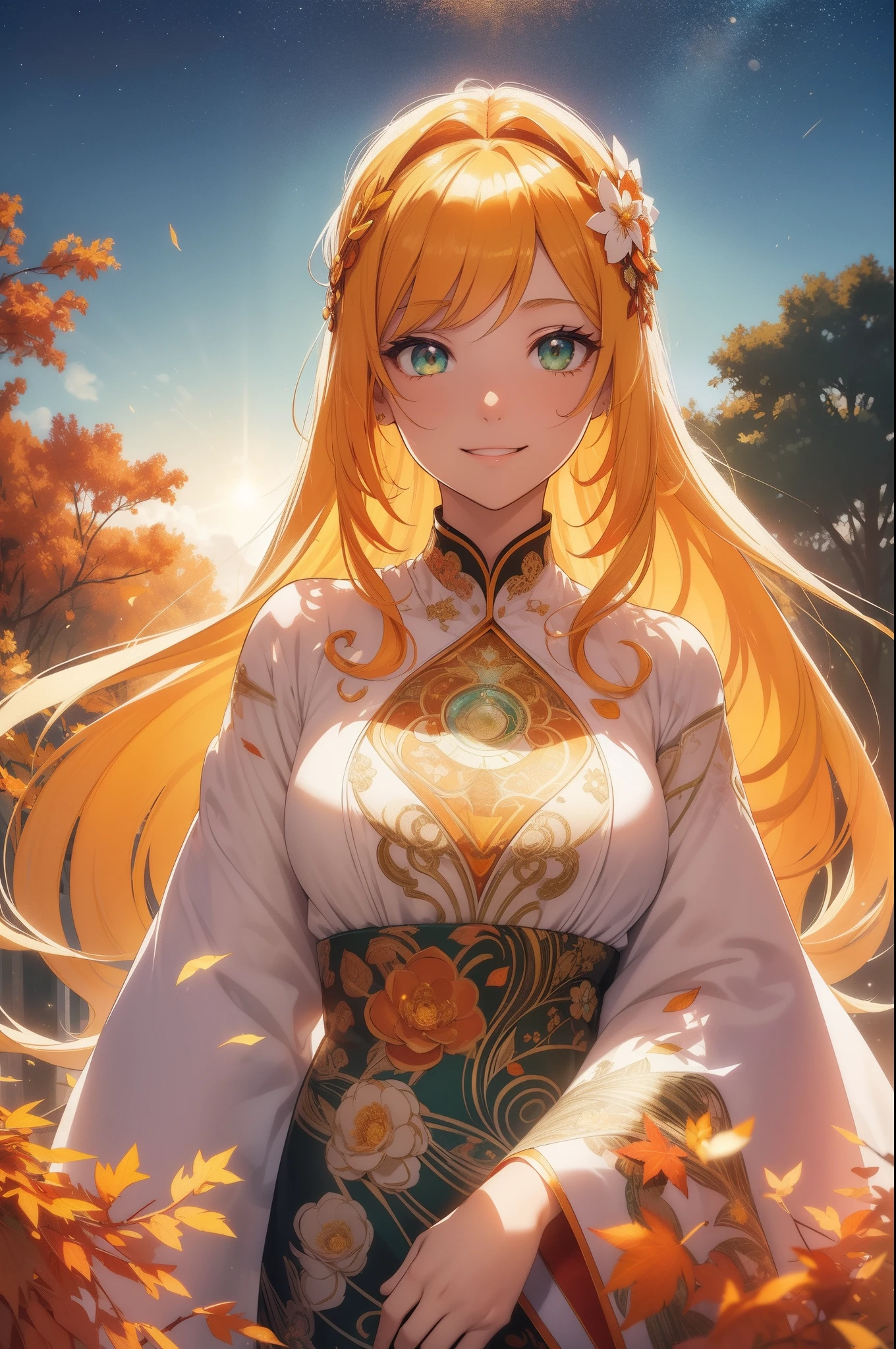 (masutepiece), (Best Quality), (White background:1.4),(Silhouette of a girl's head, Happy smiling face, Looking to the Viewer, Colorful long straight hair, Contemporary Girl),(Big green crystal eyes), (Long amber shining Straight Hair:1.5), (Art Nouveau illustration:2.0,paper art:1.3),(Reasonable design, Clear lines, High Sharpness,Best Quality, Very detailed, masterpiece, Movie Light Effects, 8K ), Autumn air, Autumn flowers and leaves, ((3D)), Colorful, Falling soft sun rays, Happy, (zen tangle art:1.2)