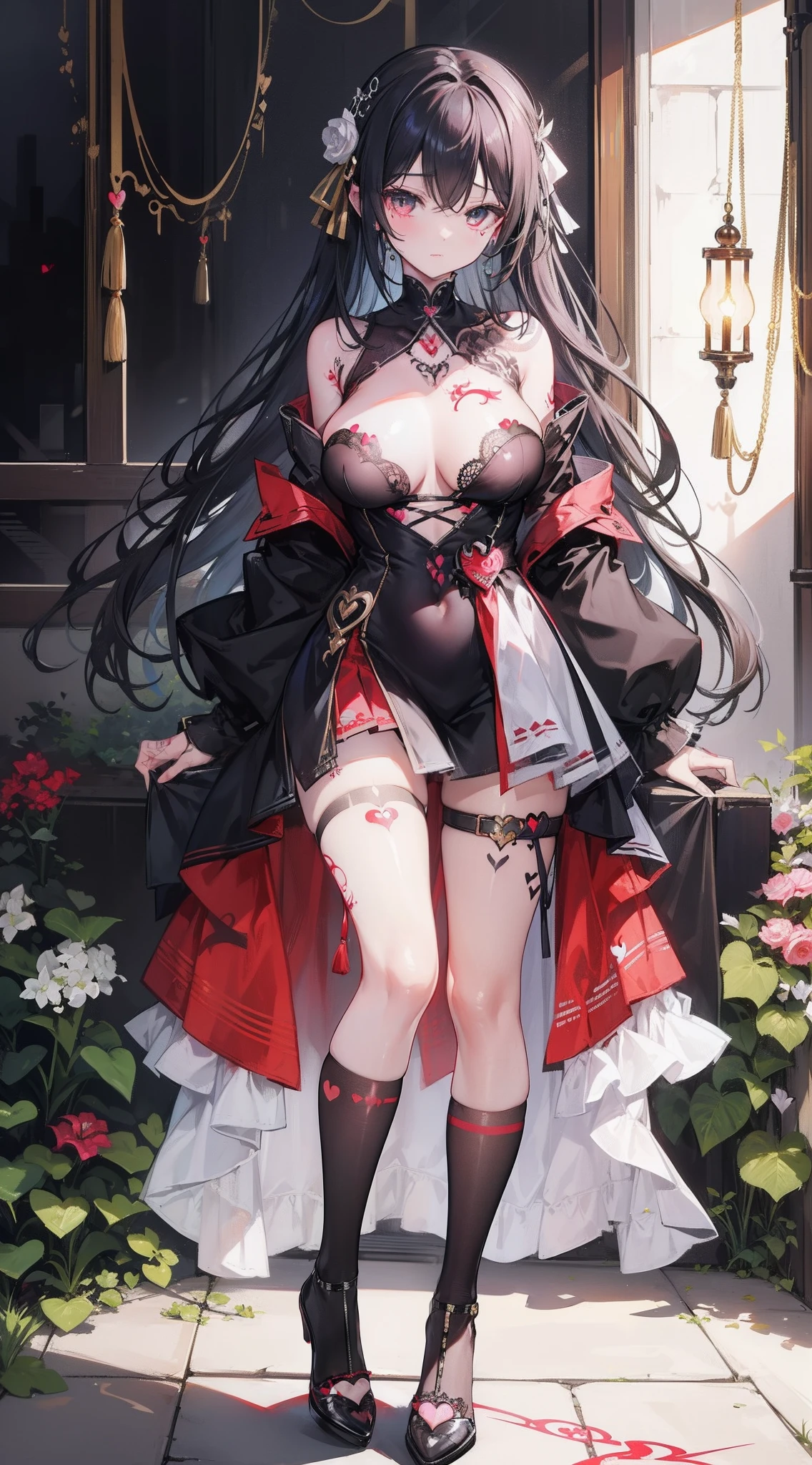 Shorten the hem of clothes、((Obscene tattoo in the shape of a heart on the chest))