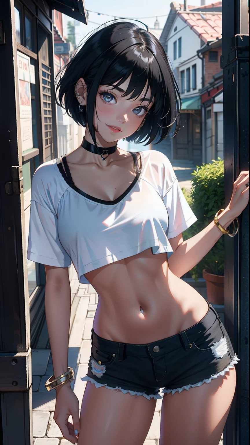 ​masterpiece, top-quality,  Detailed details, Detailed landscapes, beatiful lights, Beautiful Shadows, 1girl in, 23years old,Black eyes,Mischievous smile, Short hair,bangle,a choker,piercings,hotpants,lowrise,ＴShirt, Navel Ejection,detailed skin textures, Tyndall effect,28mm angle of view,Looking up angle of view