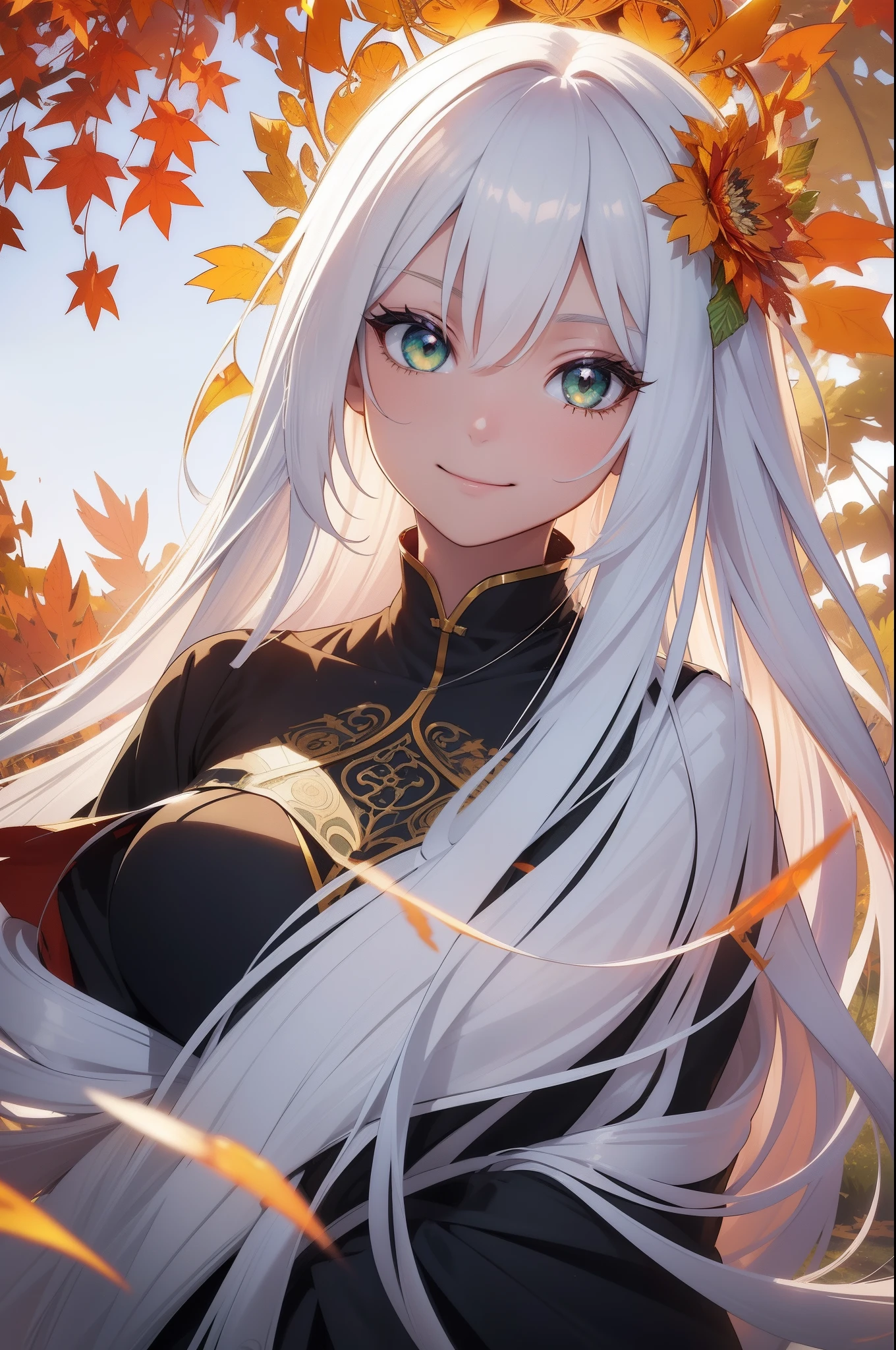 (masutepiece), (Best Quality), (White background:1.4),(Silhouette of a girl's head, Happy smiling face, Looking to the Viewer, Colorful long straight hair, Contemporary Girl),(Big green crystal eyes), (Long amber shining Straight Hair:1.5), (Art Nouveau illustration:2.0,paper art:1.3),(Reasonable design, Clear lines, High Sharpness,Best Quality, Very detailed, masterpiece, Movie Light Effects, 8K ), Autumn air, Autumn flowers and leaves, ((3D)), Colorful, Falling soft sun rays, Happy, (zen tangle art:1.2)
