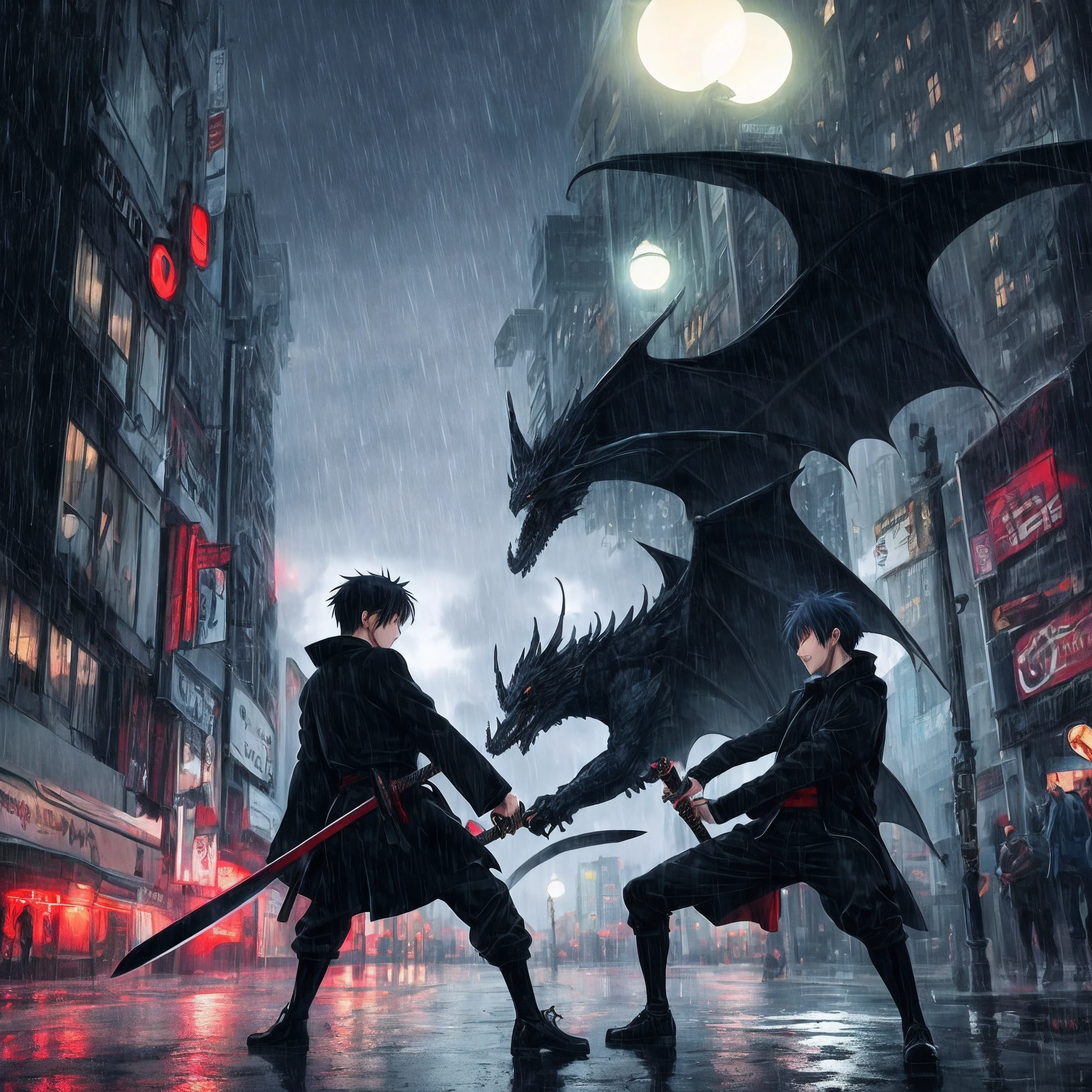 anime boy, Black clothes, black coat, with a katana, fighting a red dragon, urban background, night, rain