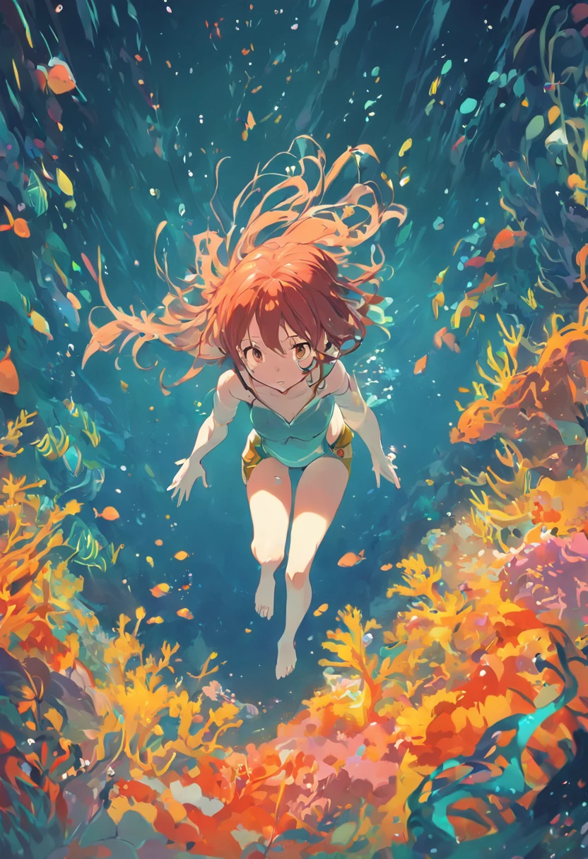In the middle of the dive the girl is surrounded in the colorful underwater world，The human body part occupies a small proportion of the picture，without showing face，Flat illustration style，detail-rich