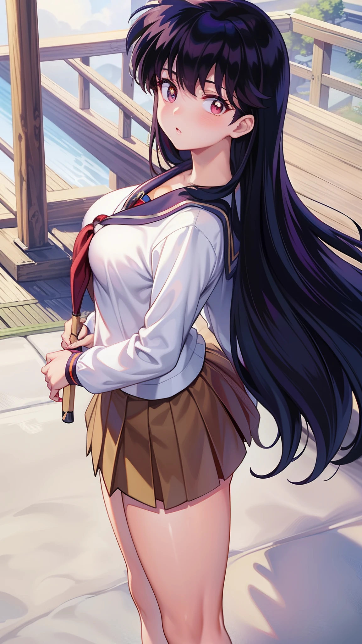 A woman with,Perfect figure,Kagome Higurashi,with brown eye,full bodyesbian,photorealestic,(Hyper-realistic:1.2),perfect eyes,Perfect face,Perfect lighting,a warm color palette,(Japan student clothing),(mediuml breasts),are standing,cowboy lens