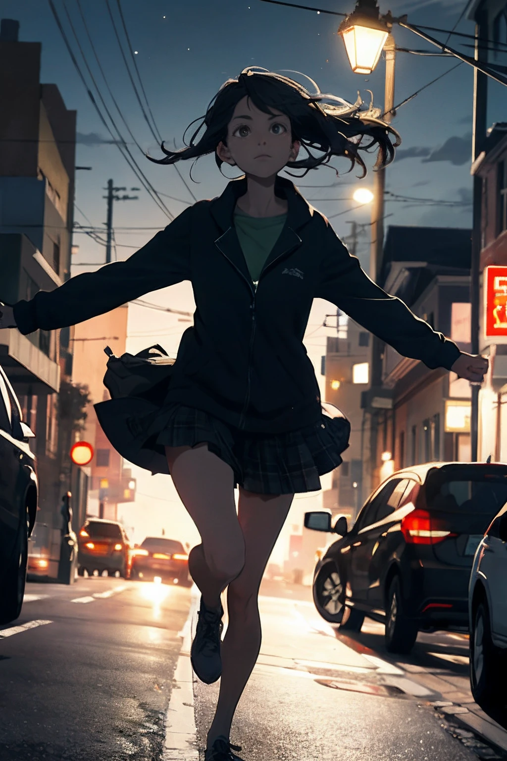 Emily quickens her pace, hoping to reach home before darkness fully envelops the neighborhood. Image: Emily's feet moving swiftly, her shadow stretching out before her as the streetlights start to flicker.