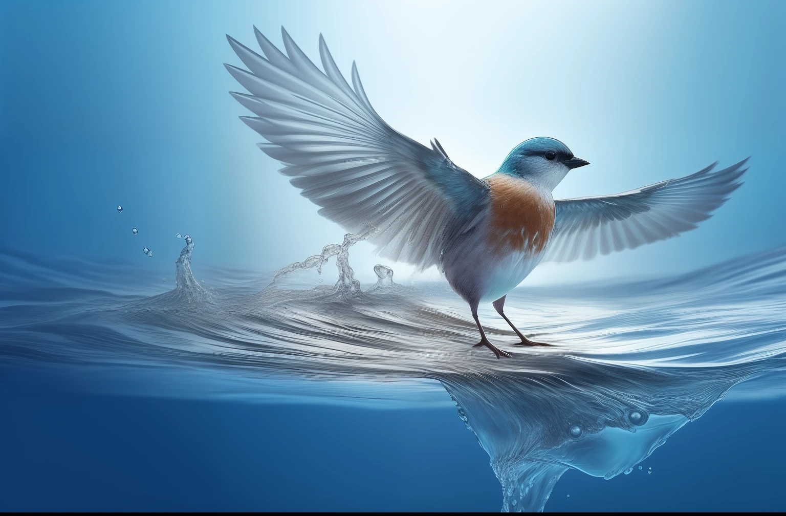 there is a bird that is standing on a piece of water, photoshop water art, bird flying out of water, water art photoshop, water art manipulation, hyperrealistic digital art, beautiful digital artwork, highly realistic digital art, photorealistic digital art, ultrarealistic digital art, ultrarealistic illustration, amazing water art, water manipulation photoshop, stunning artwork, amazing digital art