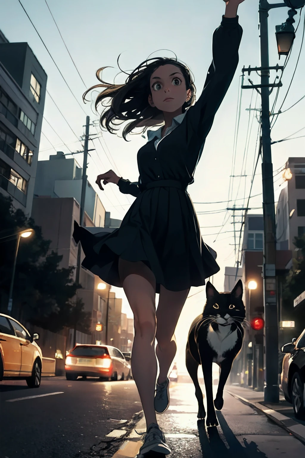 Emily quickens her pace, hoping to reach home before darkness fully envelops the neighborhood. Image: Emily's feet moving swiftly, her shadow stretching out before her as the streetlights start to flicker.