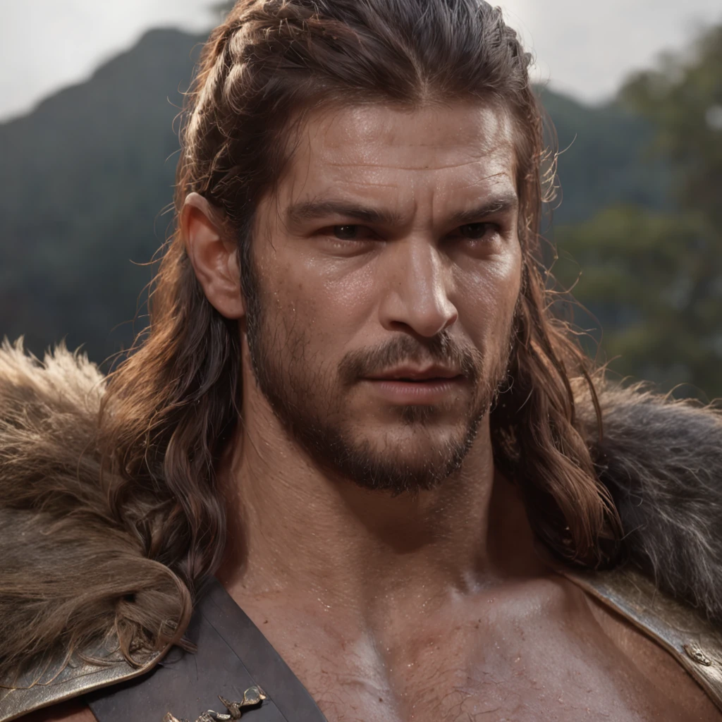 (Professional 3D rendering:1.3) de (Realistic:1.3) foto de arte mais bonita do mundo，soft features, brilliant male heroes, ((Epic hero rough fantasy muscular man wet hero angry look long hair short beard and fierce expression in dynamic pose, fantastic location, majestoso ambiente desordenado)), corpo inteiro 8k unidade render, action shot, poros da pele, very dark lighting, sombreamento pesado, circunstanciado, rosto detalhado, (Vibrando, Fotografia realista, Realistic, Dramatic, Escuro, foco nítido, 8k), (Roupas de rei, armadura de um rei e uma coroa reluzente), ((((Use peles)))), (intrincado:1.4), decadente, (altamente detalhado:1.4), Pintura digital, rendering by octane, art stations, conceito-arte, liso, foco nítido, illustration, germe da arte, (Loish:0.23), Wlop Ilya Kuvshinov, e greg rutkowski e alphonse mucha gracias, (global ilumination, studiolight, light volumetric), chuva forte, floating particles, patife, fantasia, Nosso, Corpo inteiroesbiano, ((Fundo escuro e antigo da cidade:1.3)),CGSesociedade,art stations