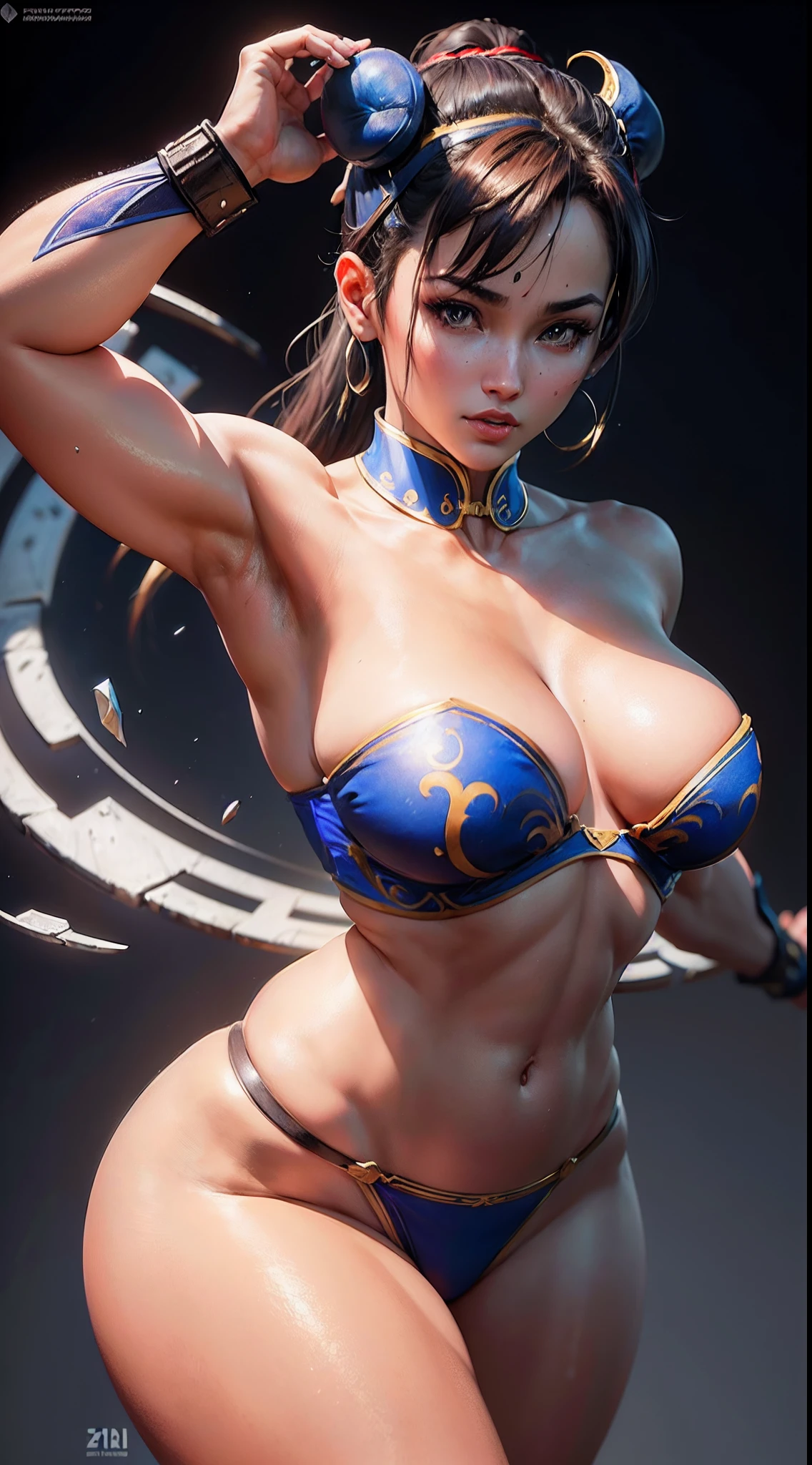 ((mulher baseada na personagem chun li)), seios grandes, medium hips, ((ultra realista)), TM Ninja branco, Icons, cores vibrantes, estilo vetorial, arte digital, 4k, detalhes intrincados, hipnotizante, feito profissionalmente, beautiful vector illustration, 12k resolution, ..3d, todos os caracteres detalhados em comprimento total, ((altamente detalhado)), ((vibrante)),((Ultra alta qualidade)), ((hiperrealismo)), ((fotorrealismo)), [octan rendering] , na cidade, muitos carros (realista)