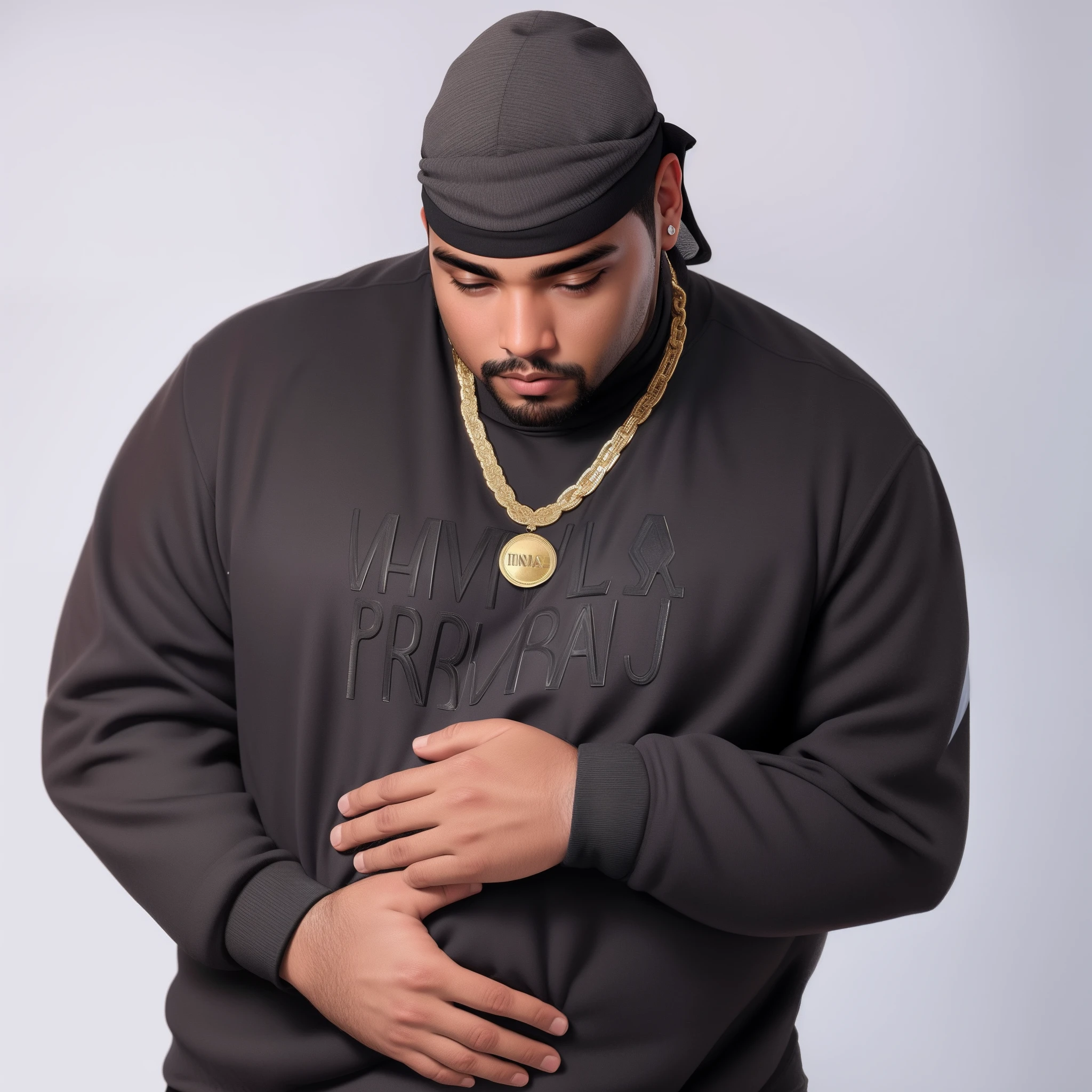 Black man in black sweatshirt and durag holds stomach, barriga gorda, Foto de um ensaio promocional, Rob Ross, Ensaio Promocional, barriga grande, thicc, Moe Grande, taken in the early 2020s, foto promocional, sentado, Auto-estrada, tinta pesada, foto promocional, big stomach, aceso de lado, barriga