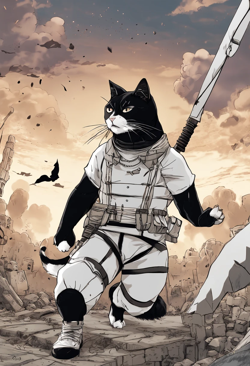 "An epic masterpiece featuring a black and white cat, he is very relaxed, black and white cat, white with black spots, he has bouncy belly, wearing Attack on Titan maneuver gear, showcasing its heroic stance and fearless spirit."