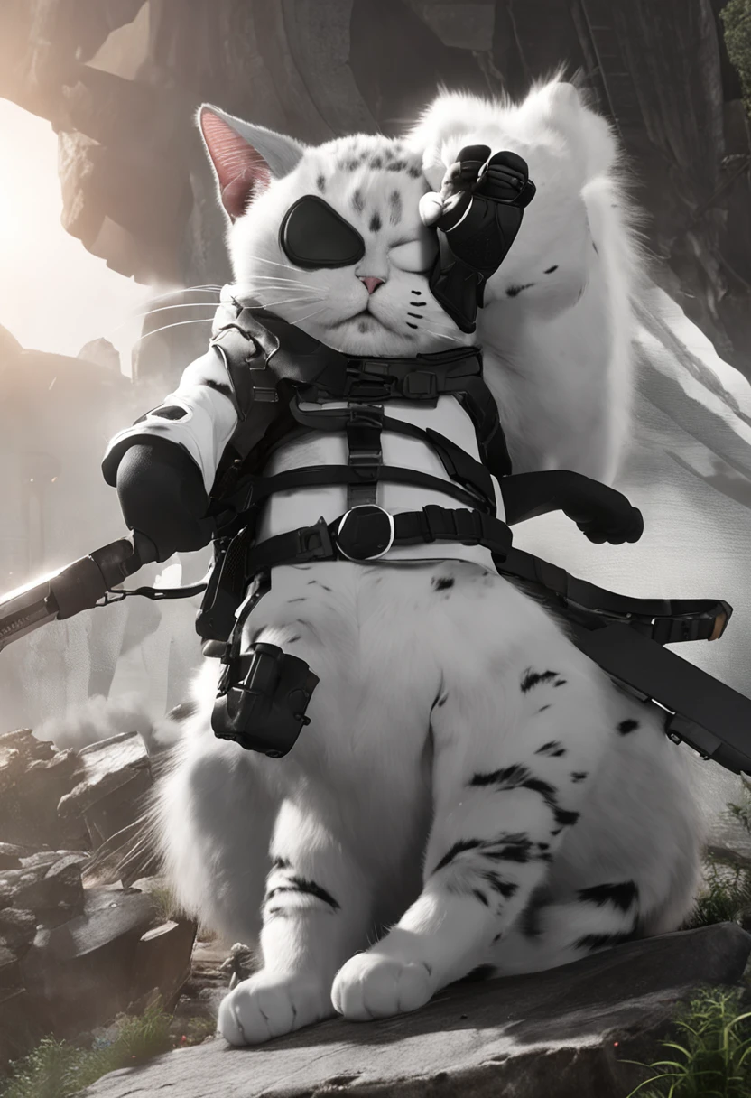 "An epic masterpiece featuring a black and white cat, he is very relaxed, black and white cat, white with black spots, he has bouncy belly, wearing Attack on Titan maneuver gear, showcasing its heroic stance and fearless spirit."