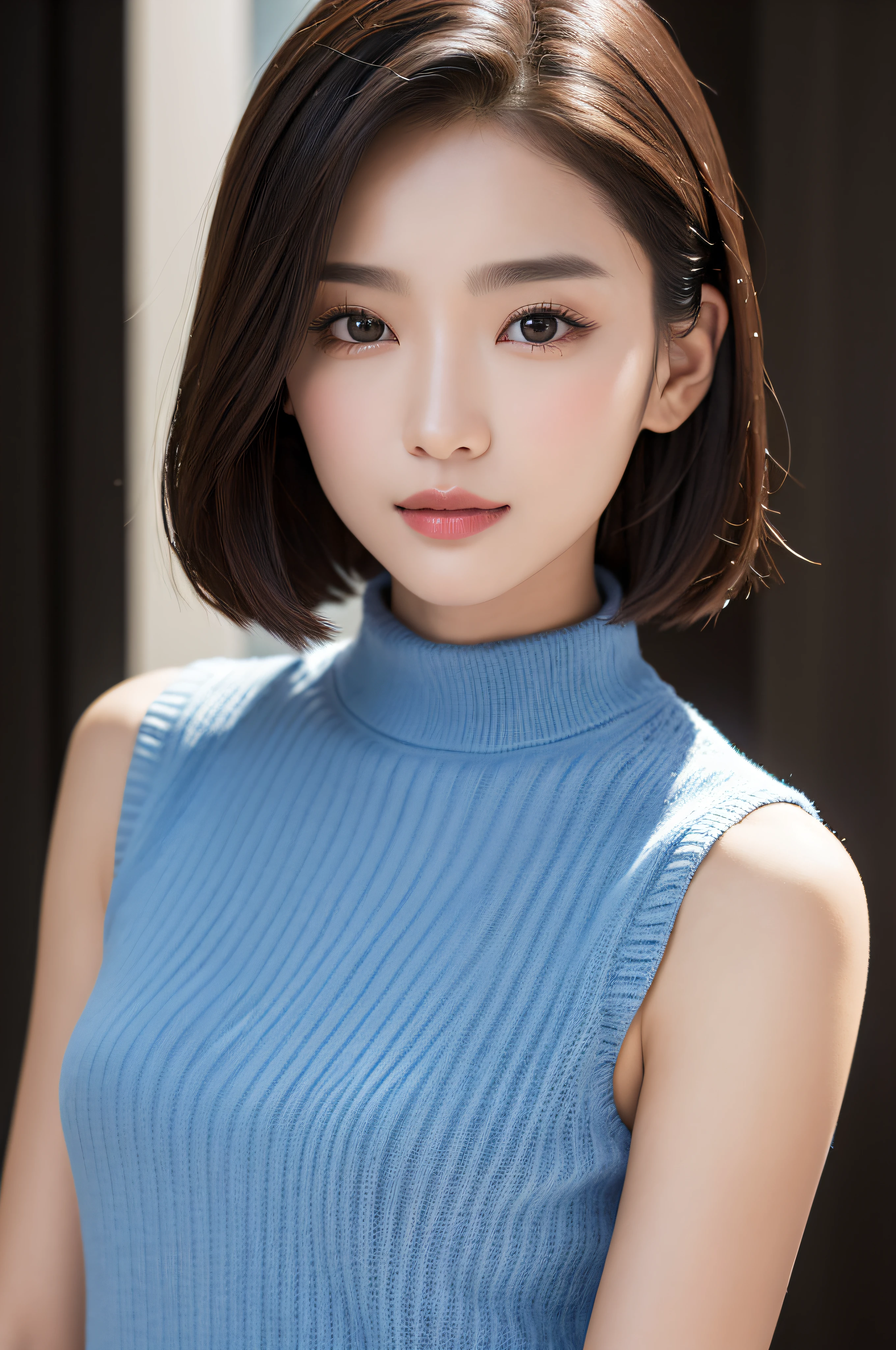 ((best qualtiy、8k masterpieces:1.3))、foco nítido:1.2、(ultra beautiful faces:1.0)、(shinny skin:1.0)、photos realistic、A dark-haired、Video Lighting、High-definition eyes and face、Video Lighting、(Korean Cute Actress)、from the front side、medium large breasts、ssmile、Sleeveless、Slender Abs Beauty、Wearing a tar-neck knitted shirt