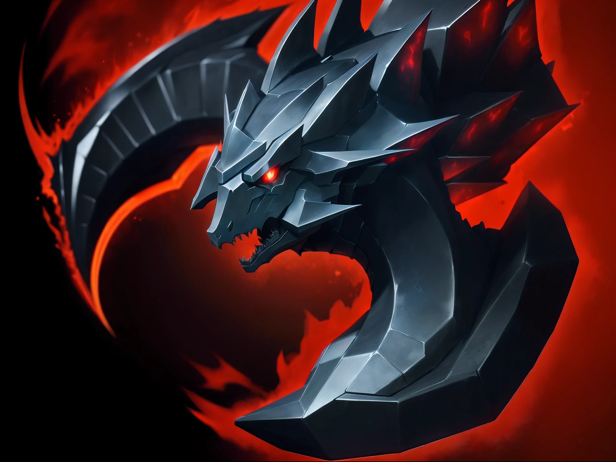 A close-up of a strange black object,The spine protrudes from two black sharp corners,It emits a blood-colored glow,Black bone,obsidian,The surface has dragon scale-like lines,Close up of faucet head on red background, colossal dragon as background, Portrait of a cyborg dragon, alduin, painted portrait of mordekaiser, Black Dragon, sleek dragon head, league of legends style art, obsidians skin, dragon maw, league of legends art style, from league of legends, colossal dragon in background, dragon in dragon lair