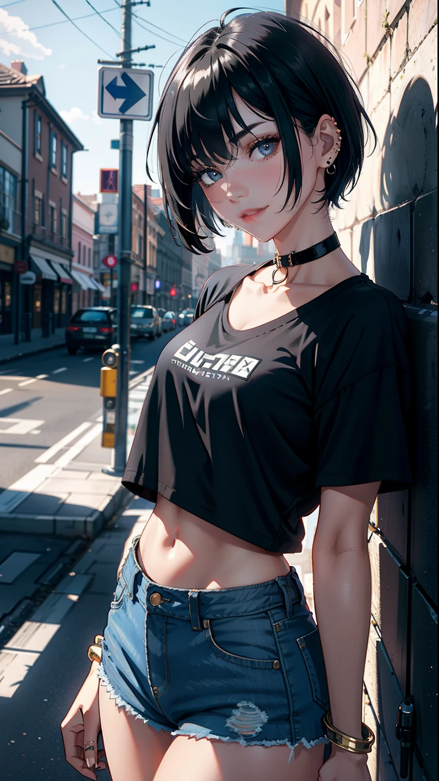 ​masterpiece, top-quality,  Detailed details, Detailed landscapes, beatiful lights, Beautiful Shadows, 1girl in, 23years old,Black eyes,Mischievous smile, Short hair,bangle,a choker,piercings,hotpants,Ultra-low rise,ＴShirt, Navel Ejection,detailed skin textures, Tyndall effect
