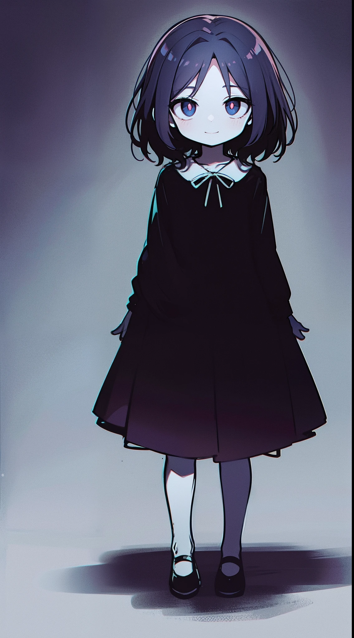 A child with a slightly creepy appearance Dark space No light in the eyes A faint and eerie smile