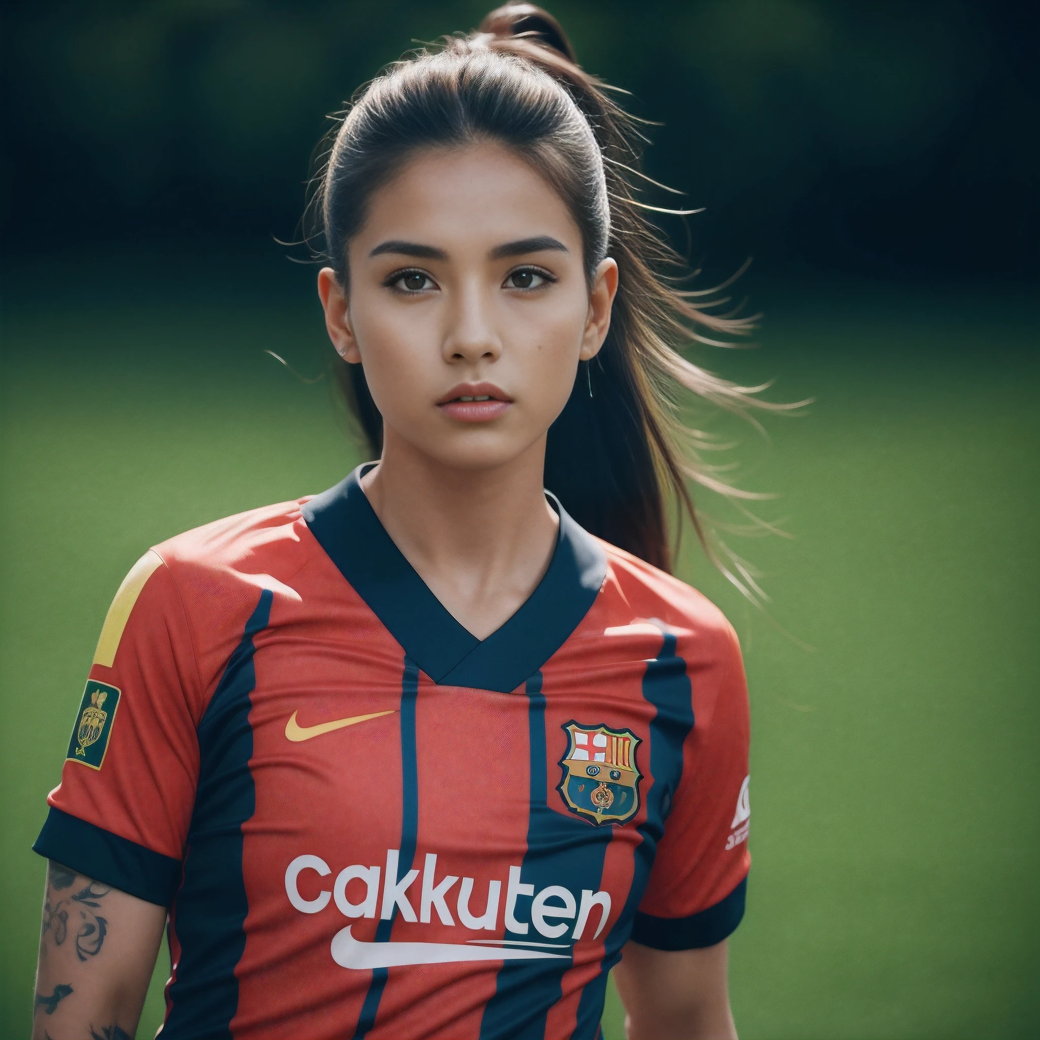 best quality, masterpiece, highres, 1girl, Beautiful face, beautiful eyes, perfect face, photorealistic, 8k, UHD, long hair, ponytail, arm tattoos, tattooed, sweat, Asian, female, muscular biceps, toned abs, dark skin, large boobs, (high detailed skin:1.2), 8k uhd, dslr, high quality, candid, Photograph, high resolution, 4k, 8k, football pitch, playing football, action shot, Barcelona women football kit, wearing women football kit, FC Barcelona Femini, arm tattoos, tattooed, muscular, muscular biceps,