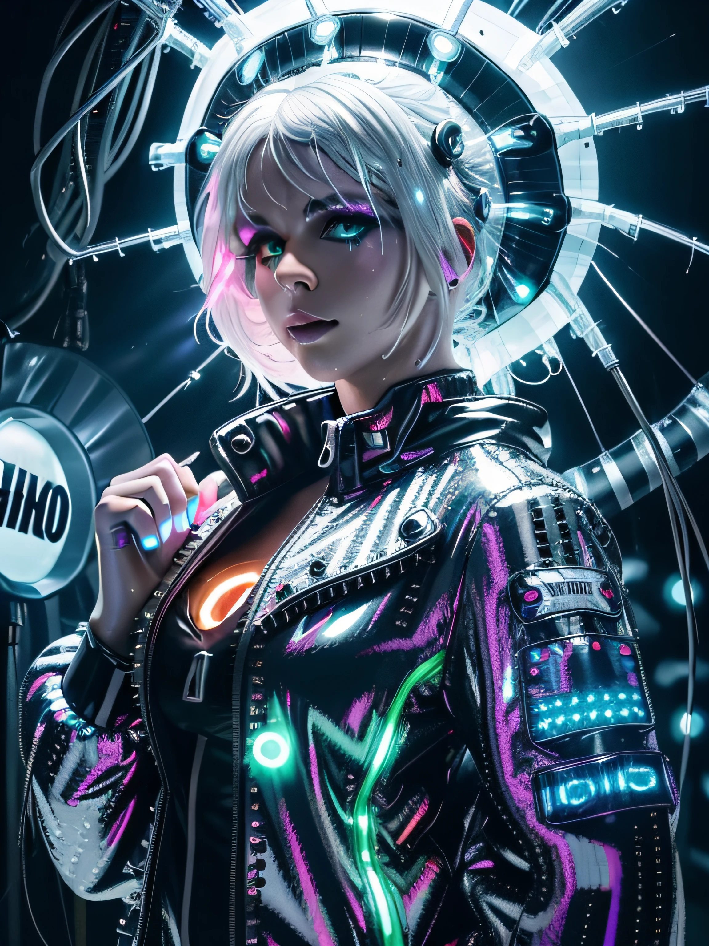 disco, (mirror ball:1.1), (Adult German woman:1.6), holding wires, looking to camera, (polyvinyl Jacket With Rivets:1.3), (rave fashion:1.6), (white hair:1.4), (open zipper:1.5), (erotic:1.5), (sexy:1.5), (glowing disco lights:1.8), (dangling sprinkler wires:1.7), best quality, sunlight, detailed face, gorgeous, realistic skin details, high quality, seen from below, translucent, (voluptuous:.5), sensual, lascivious, dominant, (sexual:1.3), sexy, romantic, high quality, film grain, Cinematic Light, sidelighting, stars background, sharp focus, overexposed light