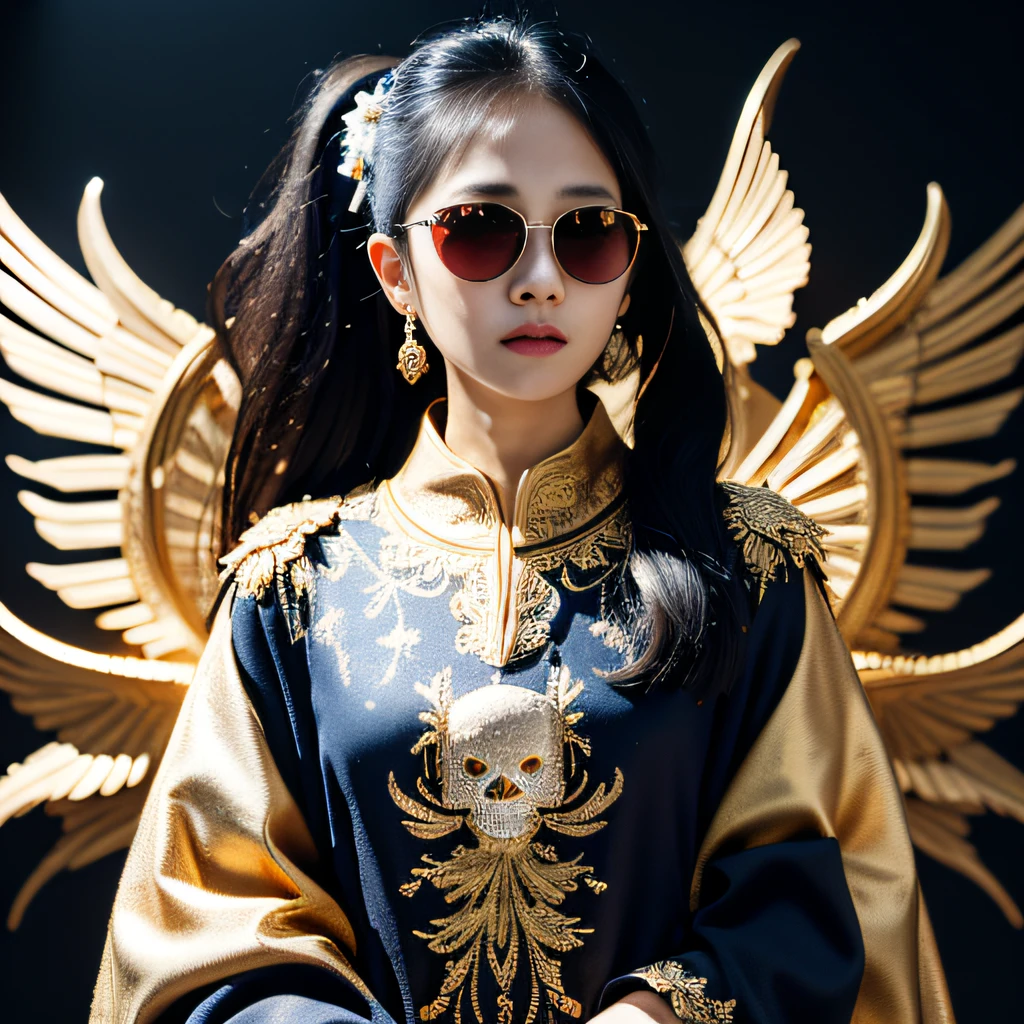 ponds,32K(tmasterpiece,k hd,hyper HD,32K)Burgundy double ponytail,flower stick,Indigo Skull King ,Hold the heavy wooden steering wheel (The skeleton is realistic:1.4),Python pattern robe,Silver skull flower ornaments,Sargin linen cloak,Petals flutter,Deep gold sunglasses,Hold your head high,Be proud,The nostrils look at people,A primary and secondary school student, A high resolution,Xueba, the detail, RAW photogr, Sharp Re, Nikon D850 Film Stock Photo by Jefferies Lee 4 Kodak Portra 400 Camera F1.6 shots, Rich colors, ultra-realistic vivid textures, Dramatic lighting, Unreal Engine Art Station Trend, cinestir 800,Hold your head high,Be proud,The nostrils look at people,Tsundere,Petals flutter,Petals flutter,Sprinkle with gold dust,Fluttering,Impeccable,( reasonable design, Clear lines, High sharpness,Best quality, Very detailed skeleton, The skeleton of a masterpiece, offcial art, movie light effect, 8K skeleton(((Platinum marble sunglasses)))Deep gold sunglasses