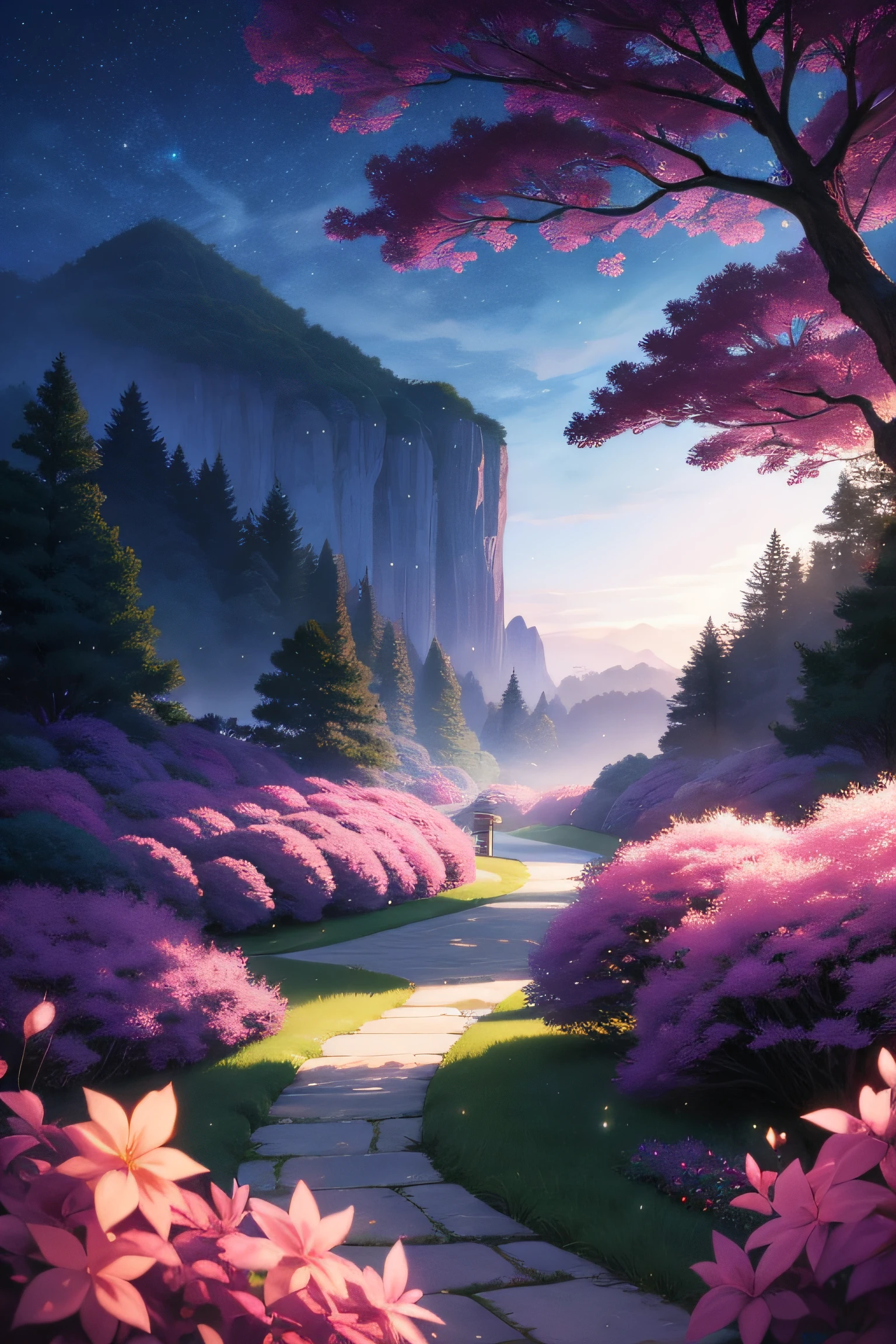 detailed studio ghibli style scene with NOFAE and various other ghibli style creatures in random arrangement with dreamy blur and dreamy colour             gradient effect and fuzzy pink and purple trees with glowing sparkling fairies flying around them