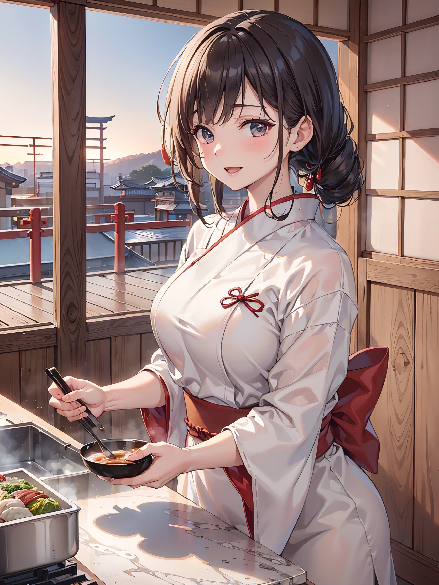 (Best quality, 8k, 32k, Masterpiece, UHD:1.2), (realistic:1.5), (masterpiece, Extremely detailed CG unity 8k wallpaper, best quality, highres:1.2), (ultra detailed, UHD:1.2), (cowboy shot:1.3), (anime style illustration:1.3), (seductive anime waifu:1.3), (ultra-detailed:1.3), (hyper-sharp:1.3), (insanely detailed:1.3), (cooking scene in the kitchen:1.3), (from side:1.2), 
BREAK, 
(1girl:1.3, solo), (Japanese restaurant-Chef:1.3), single braid hair style, mahogany hair, attractive look, (Korean actress face:1.3), (Japanese idol face:1.3), pretty face, cute, 
BREAK, 
(white Japanese Chef clothes:1.3), (Chef clothes:1.3), (kimono outfit:1.3), 
BREAK
(Japanese restaurant:1.3), (detailed Japanese restaurant:1.3), (cooking in the kitchen:1.3), (cutting food:1.3), (at Japanese restaurant:1.3), (in the kitchen counter:1.3), indoor, cinematic light, sunset light, cute, happy, seductive smile, :d, ;p, attractive emotion, 
BREAK, best ratio four finger and one thumb, perfect anatomy, perfect proportion,