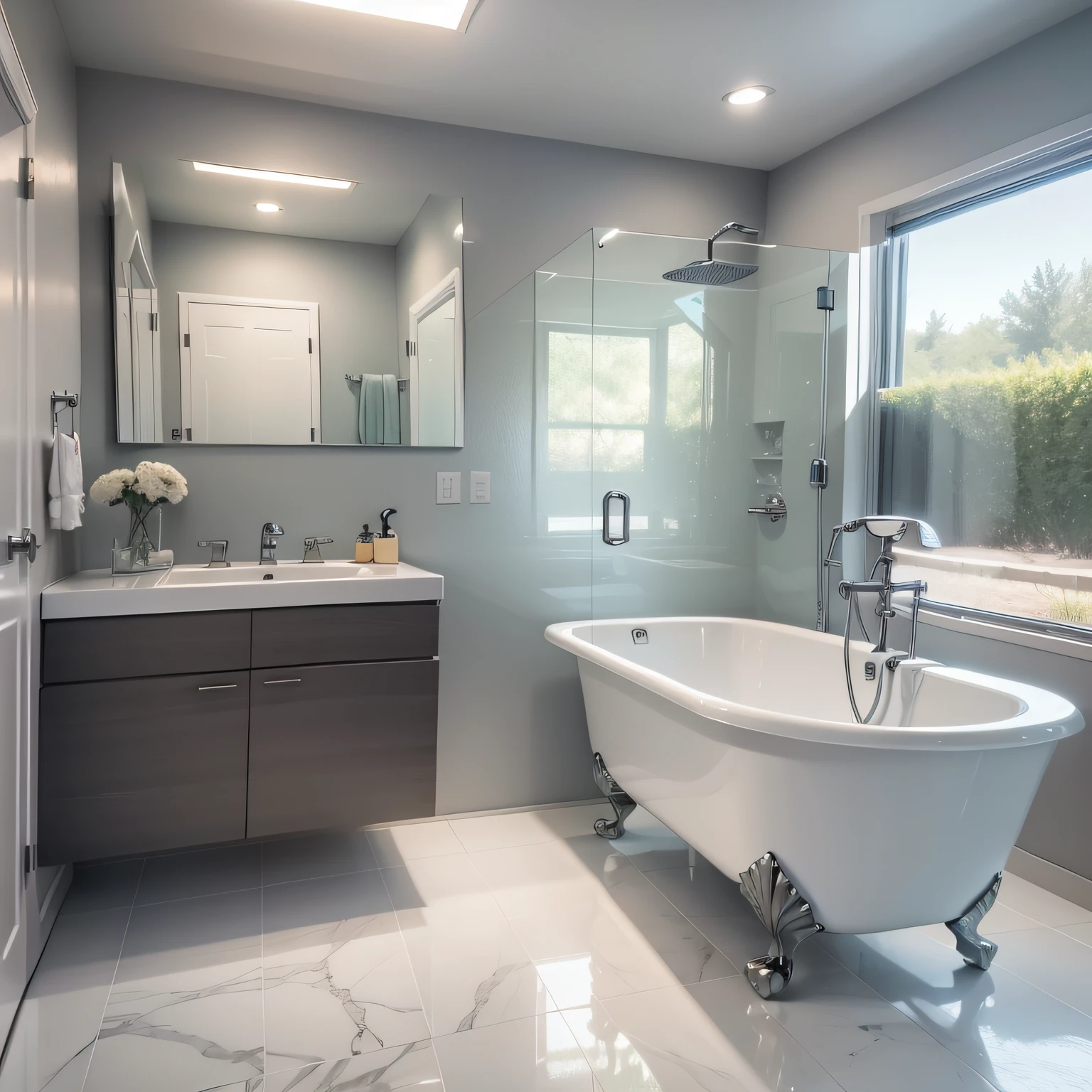 bathrooms with grey vanities with Shower and Bathtub Area