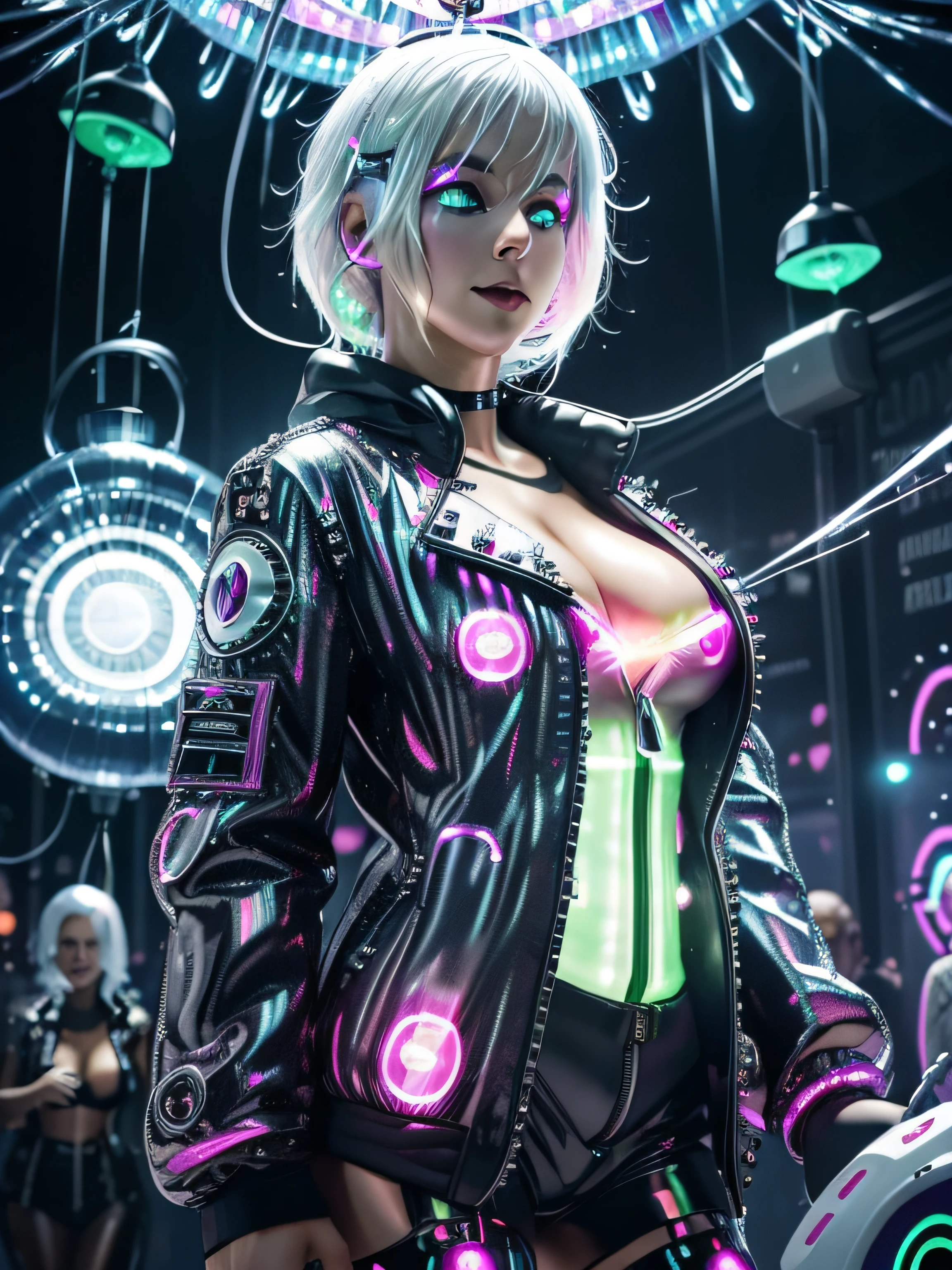 disco, (mirror ball:1.1), (Adult German woman:1.6), holding wires, looking to camera, (polyvinyl Jacket With Rivets:1.3), (rave fashion:1.6), (white hair:1.4), (open zipper:1.5), (erotic:1.5), (sexy:1.5), (glowing disco lights:1.8), (dangling sprinkler wires:1.7), best quality, sunlight, detailed face, gorgeous, realistic skin details, high quality, seen from below, translucent, (voluptuous:.5), sensual, lascivious, dominant, (sexual:1.3), sexy, romantic, high quality, film grain, Cinematic Light, sidelighting, stars background, sharp focus, overexposed light